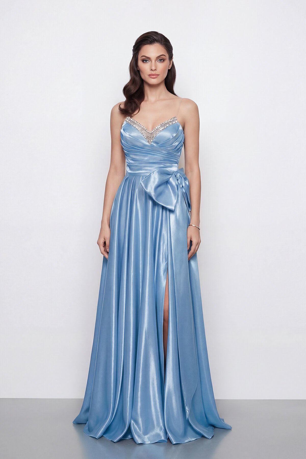 Işıltılı Yaka ve Fiyonk Detaylı Elbise - 2065