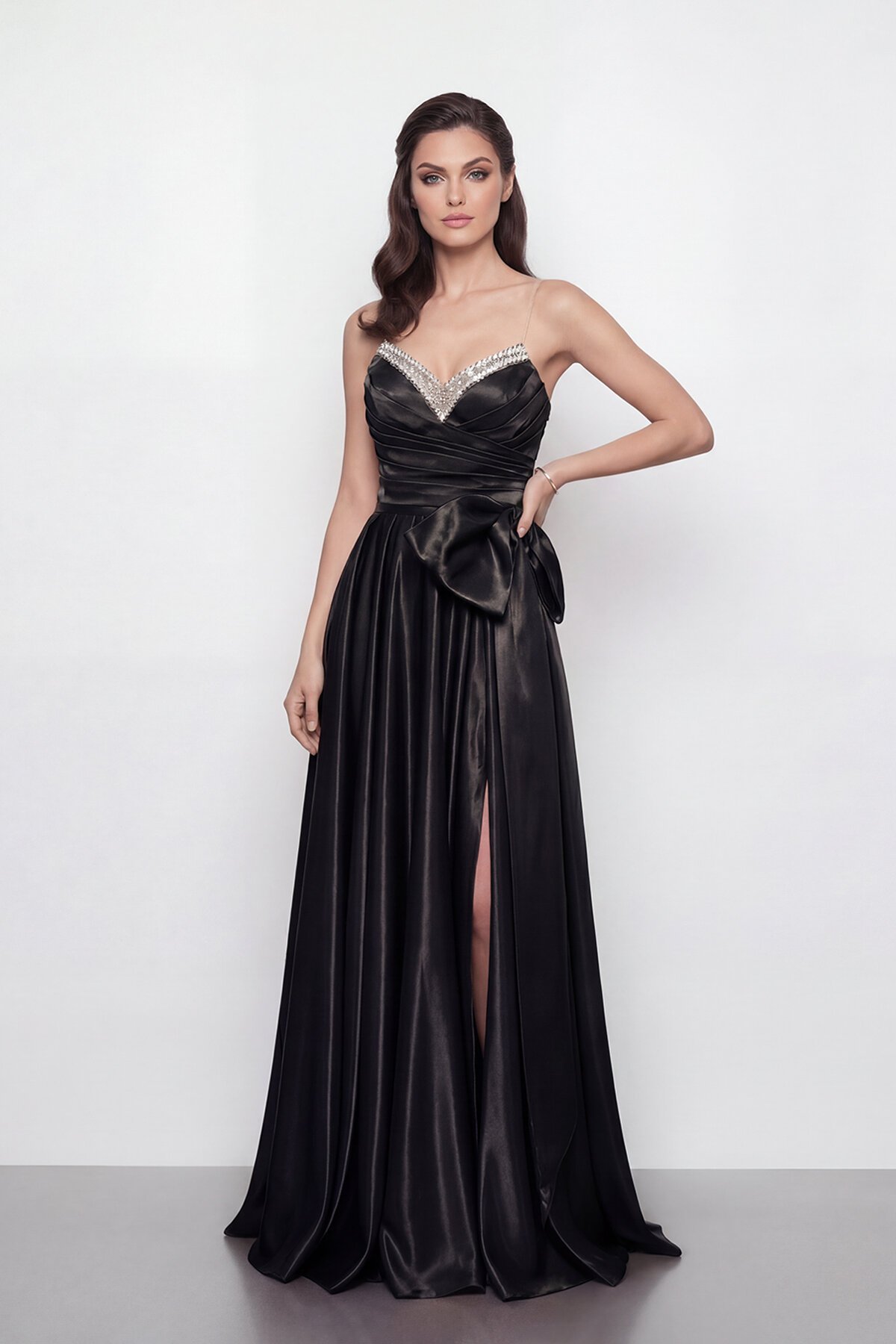 Işıltılı Yaka ve Fiyonk Detaylı Elbise - 2065