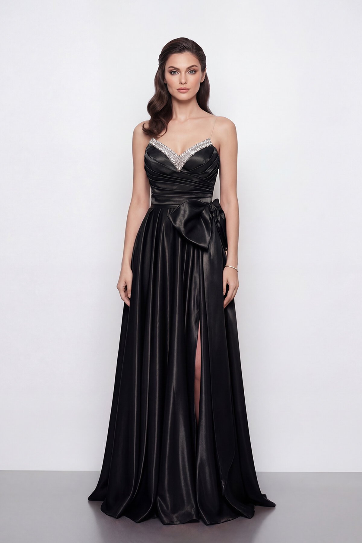 Işıltılı Yaka ve Fiyonk Detaylı Elbise - 2065