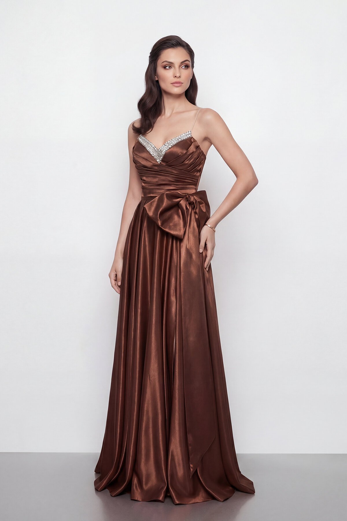 Işıltılı Yaka ve Fiyonk Detaylı Elbise - 2065