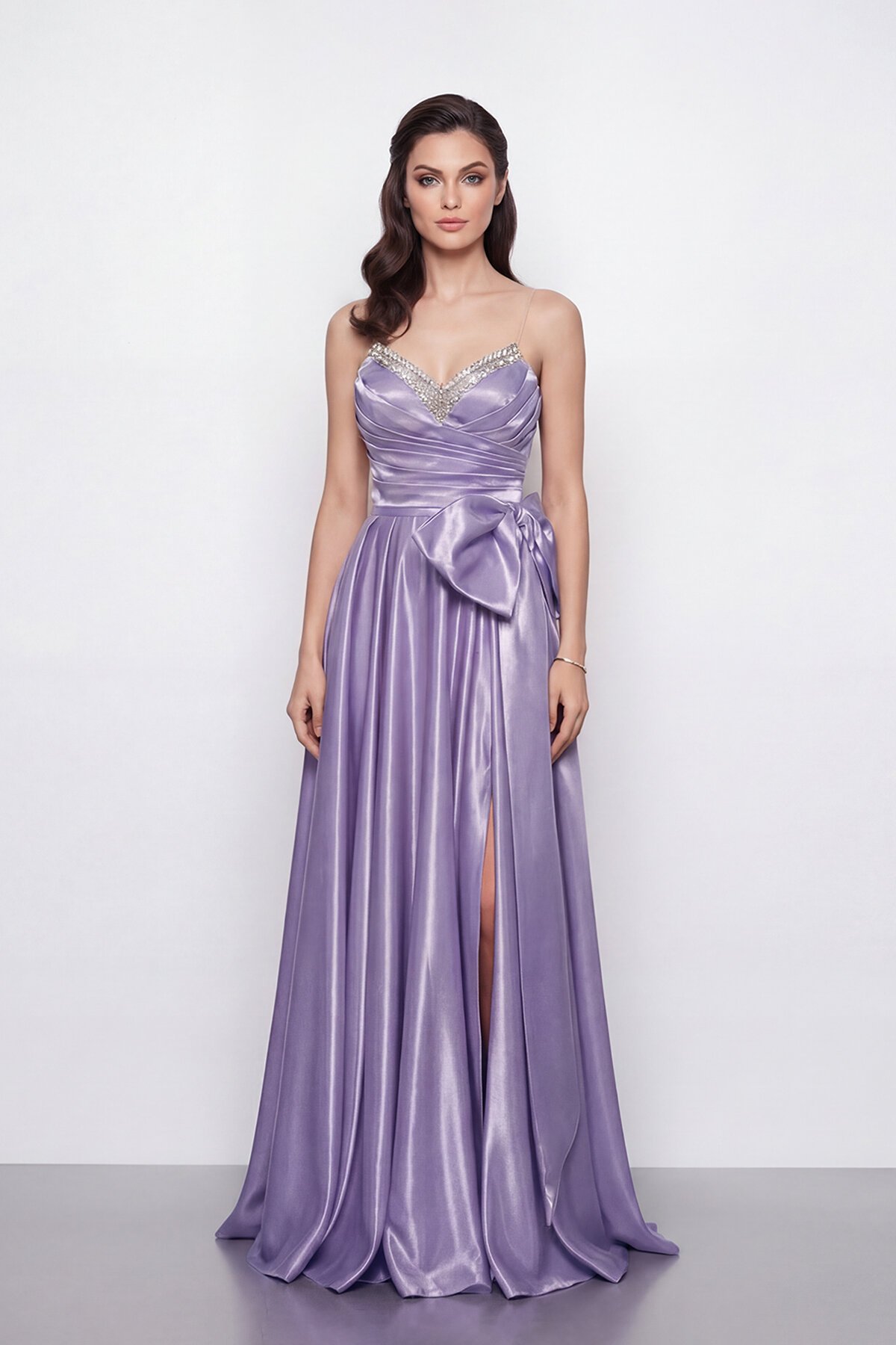 Işıltılı Yaka ve Fiyonk Detaylı Elbise - 2065