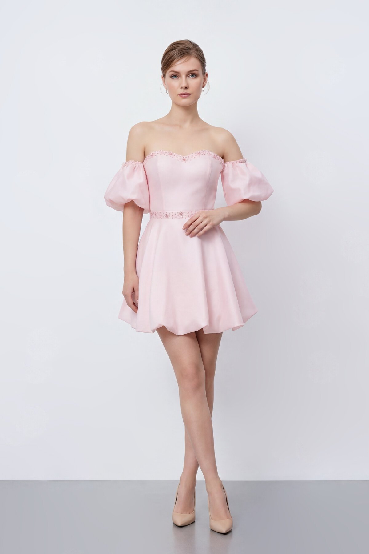 İşlemeli Balon Kollu Mini Elbise - 2035