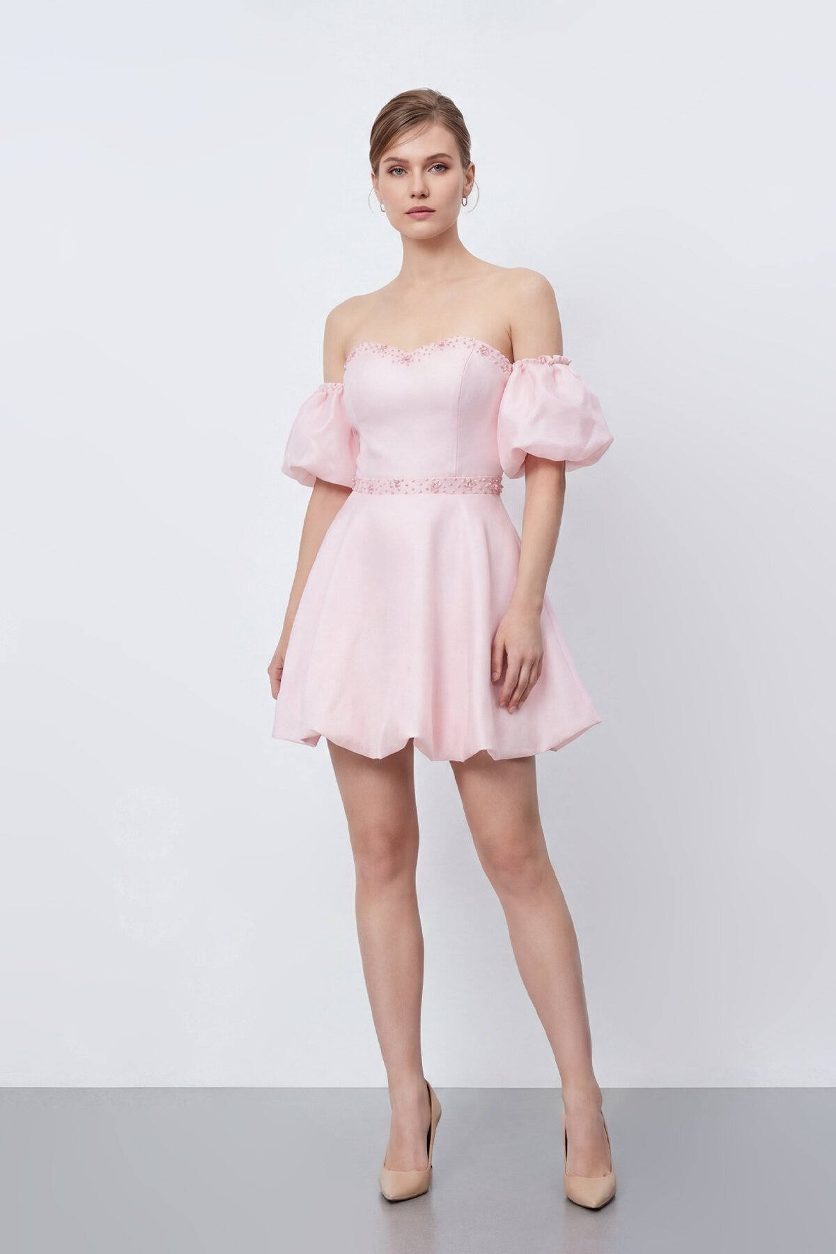 İşlemeli Balon Kollu Mini Elbise - 2035