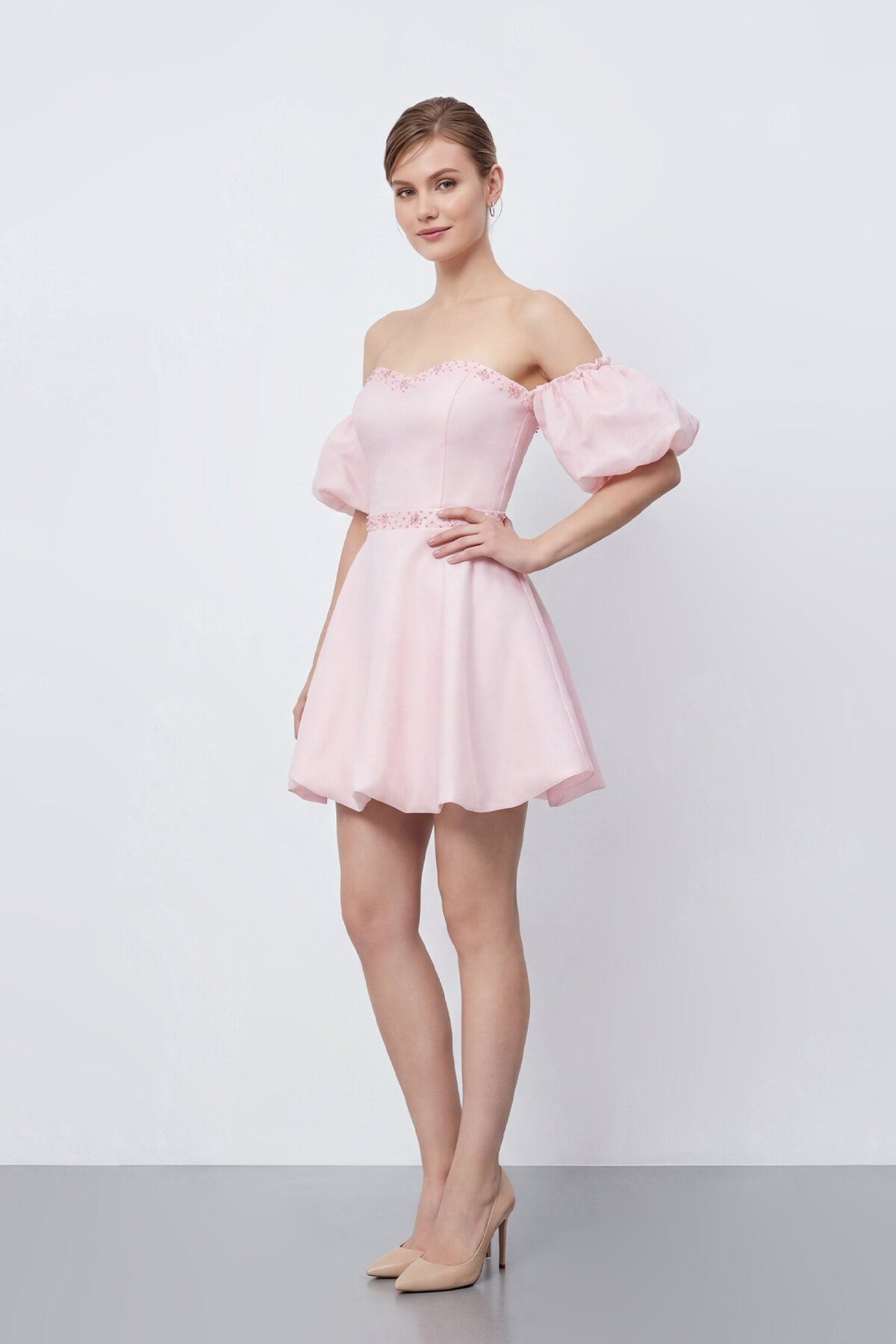 İşlemeli Balon Kollu Mini Elbise - 2035