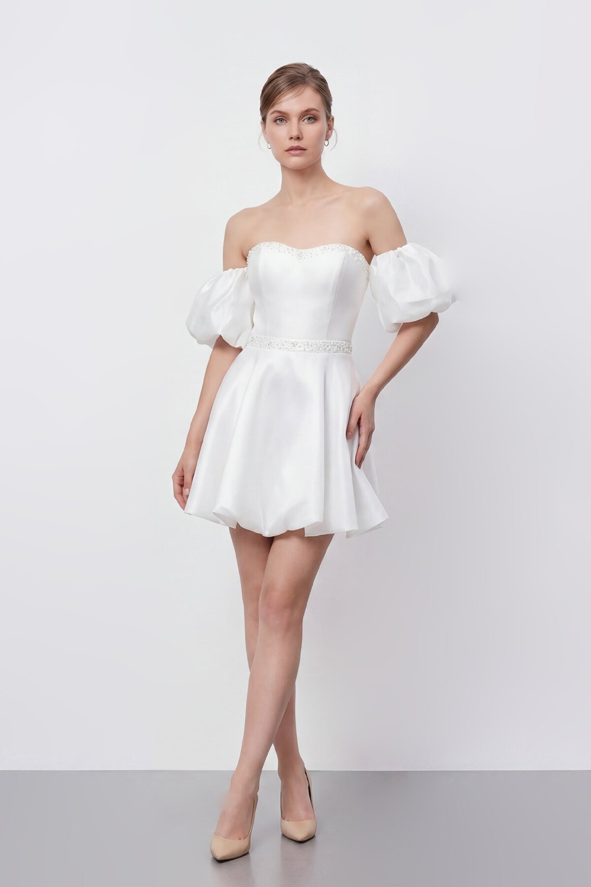 İşlemeli Balon Kollu Mini Elbise - 2035