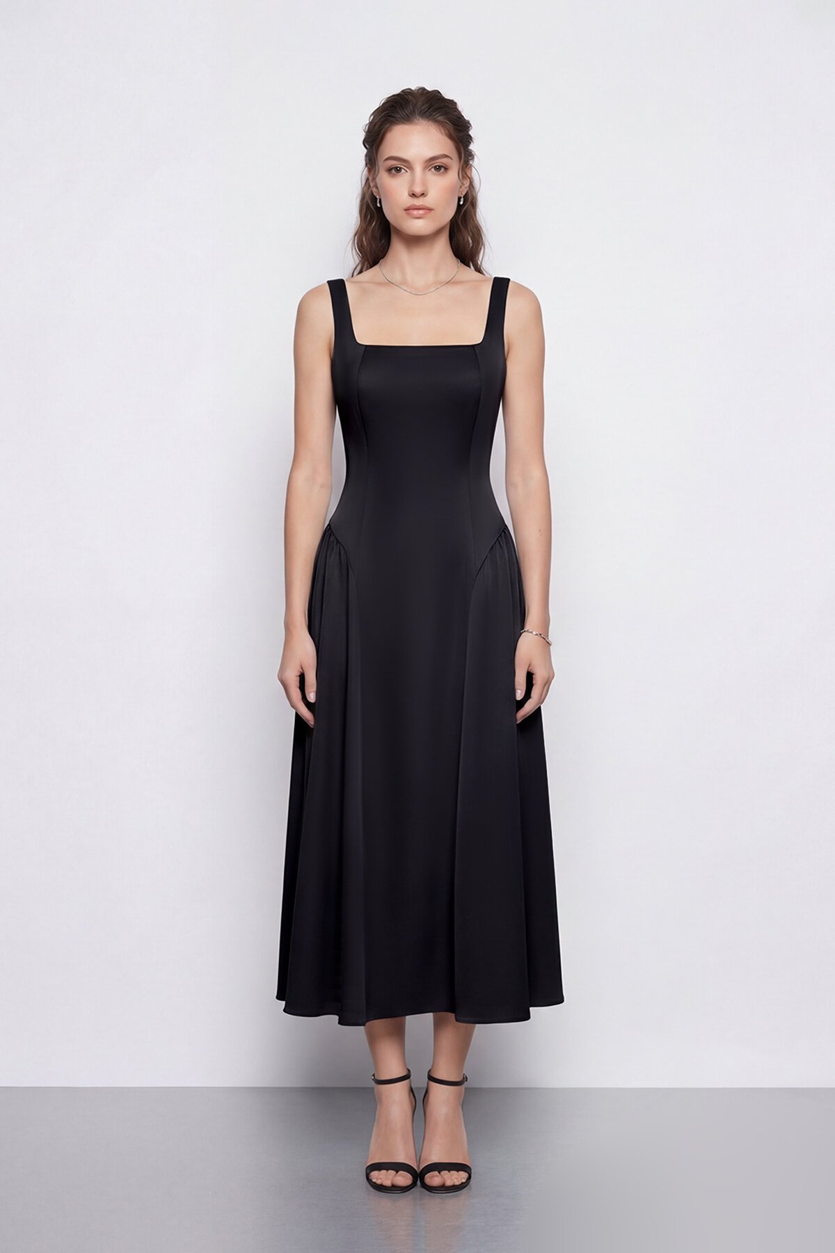 Kare Yaka A Kesim Midi Elbise - 2082