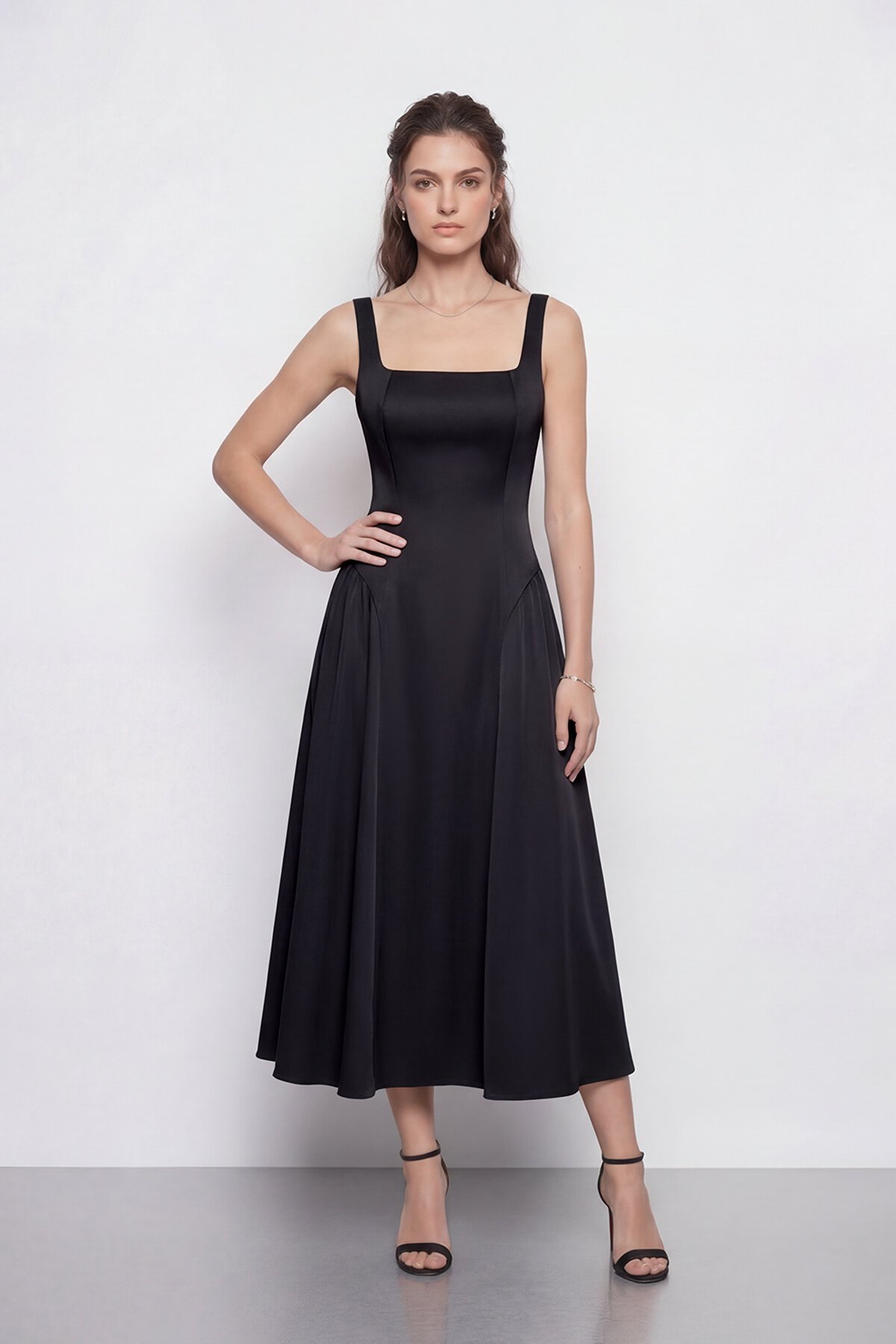 Kare Yaka A Kesim Midi Elbise - 2082