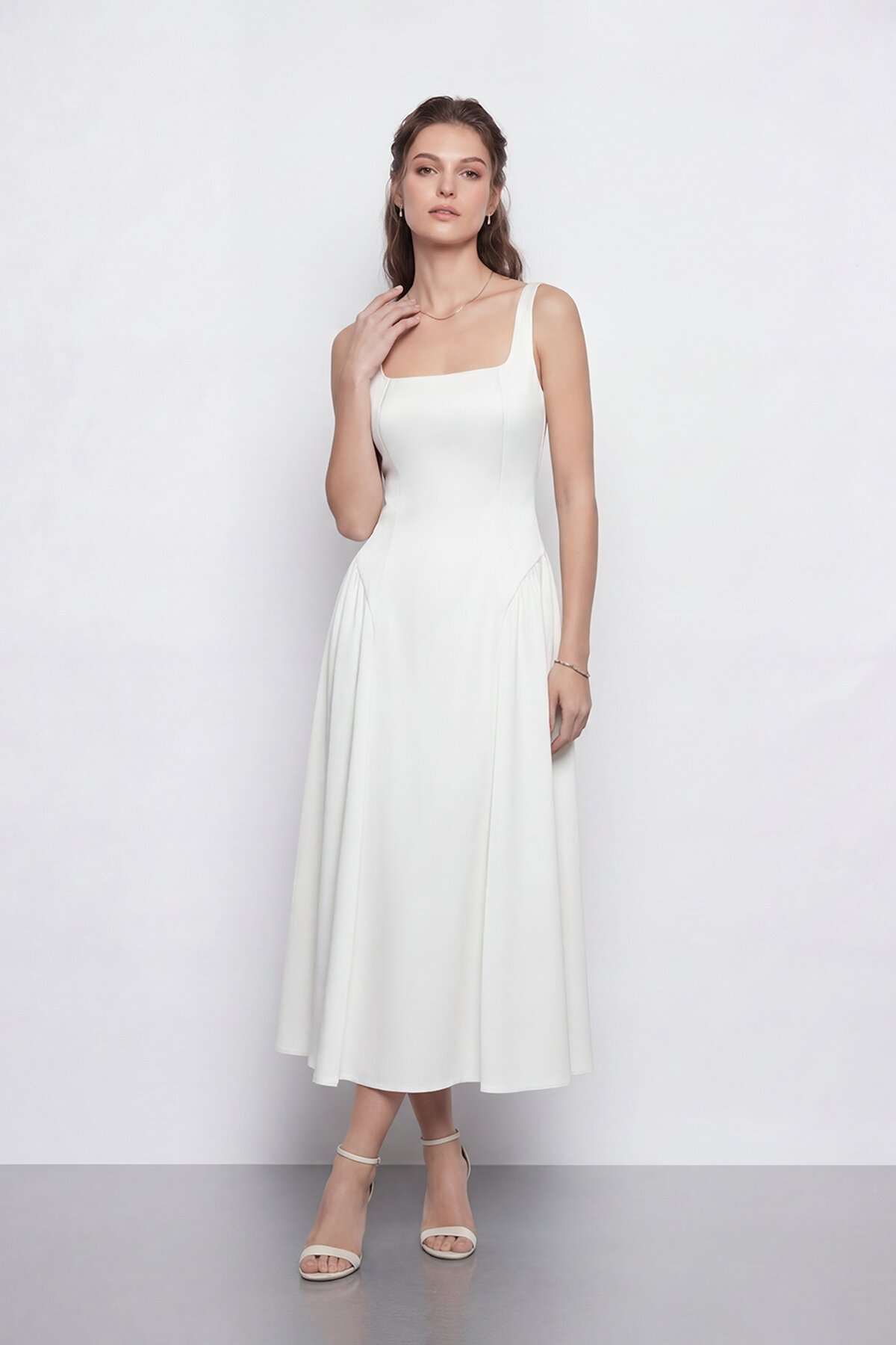 Kare Yaka A Kesim Midi Elbise - 2082