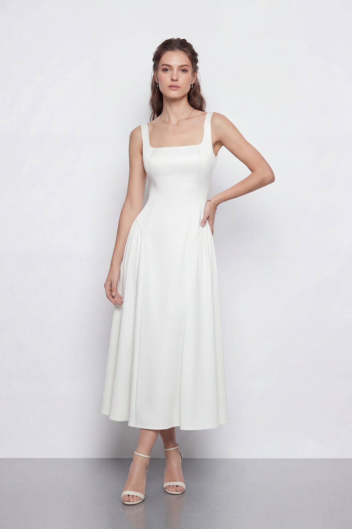 Kare Yaka A Kesim Midi Elbise - 2082