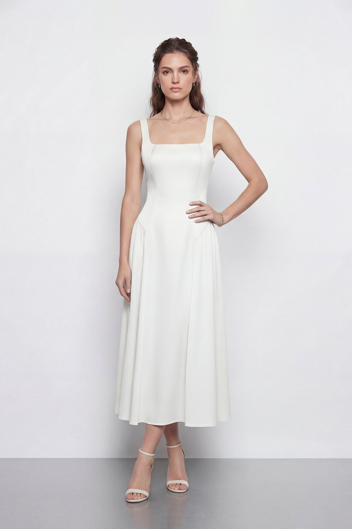 Kare Yaka A Kesim Midi Elbise - 2082