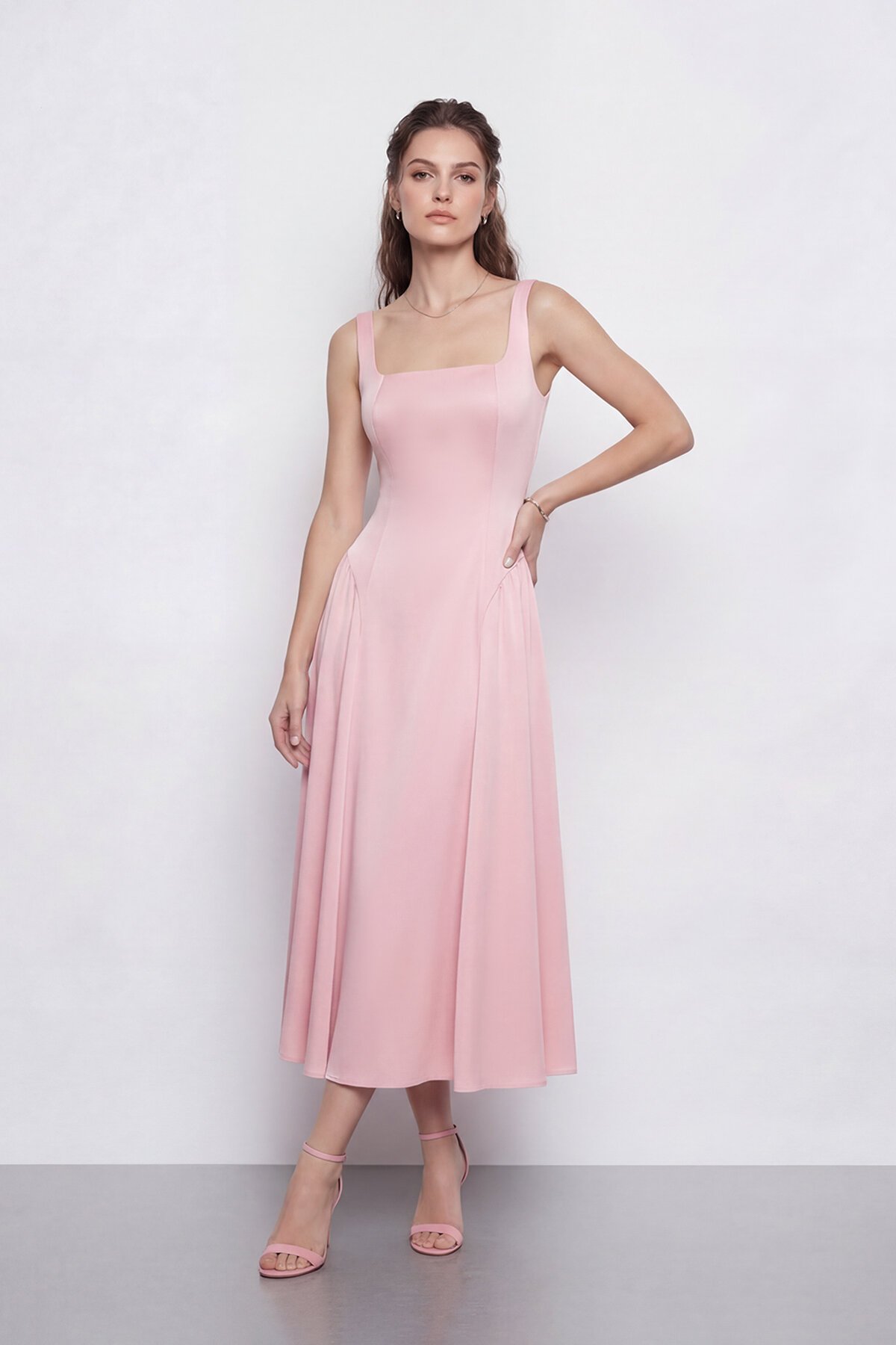 Kare Yaka A Kesim Midi Elbise - 2082