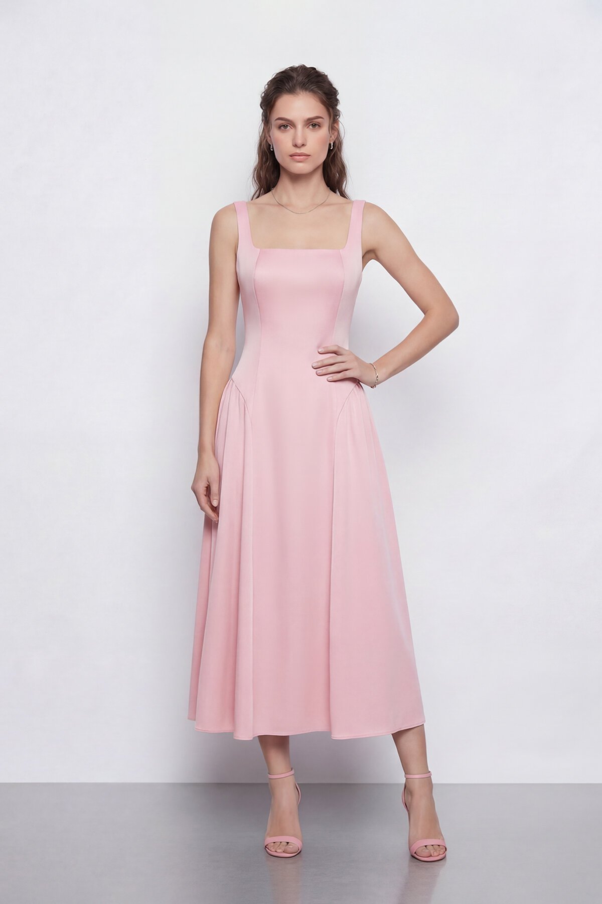 Kare Yaka A Kesim Midi Elbise - 2082