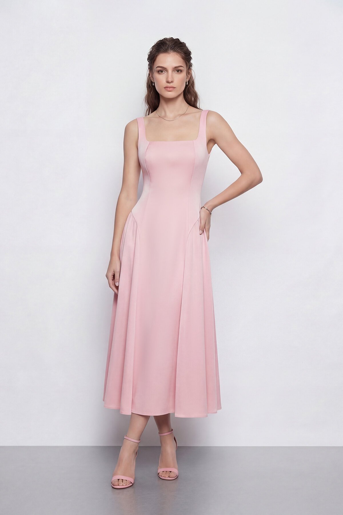 Kare Yaka A Kesim Midi Elbise - 2082