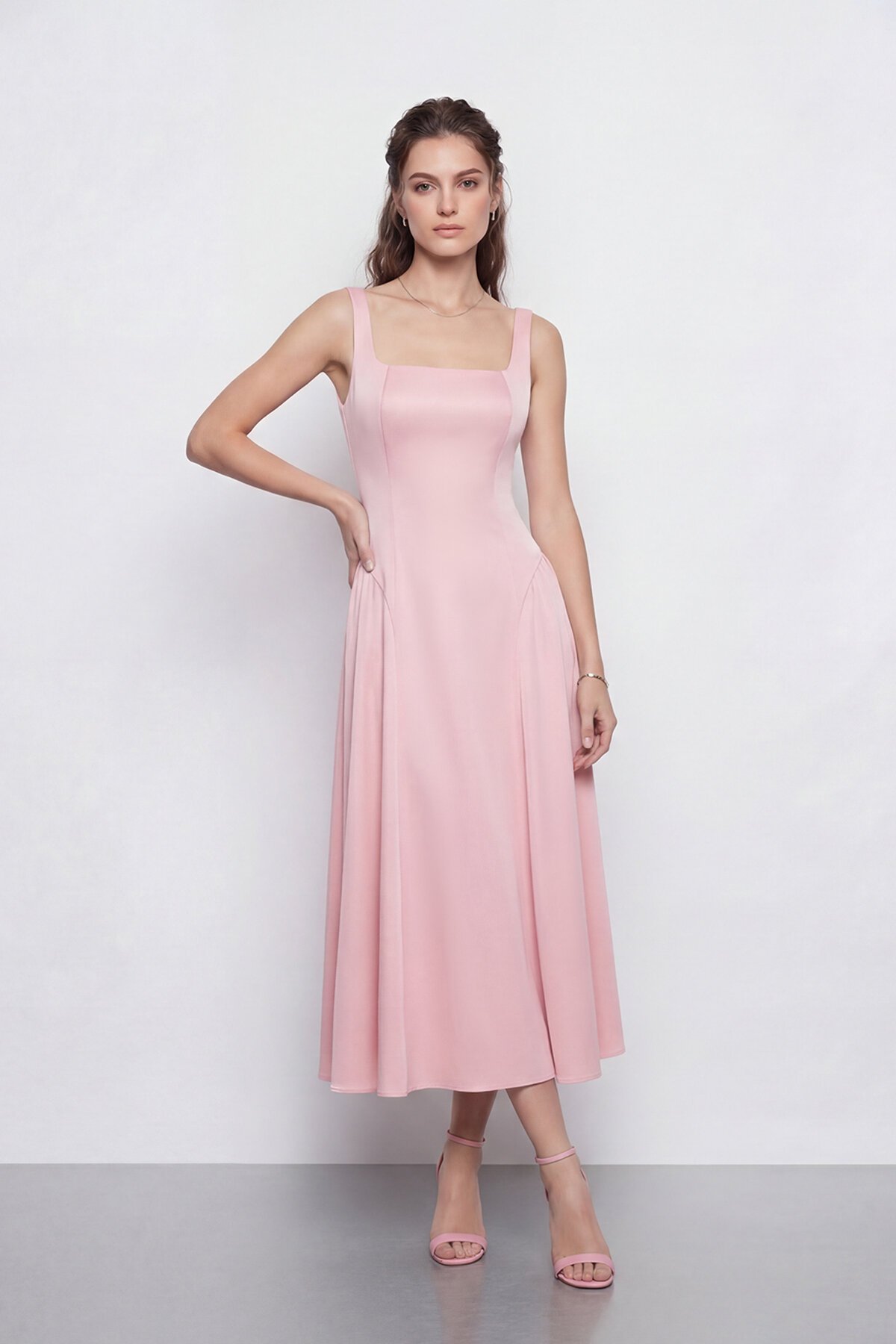 Kare Yaka A Kesim Midi Elbise - 2082