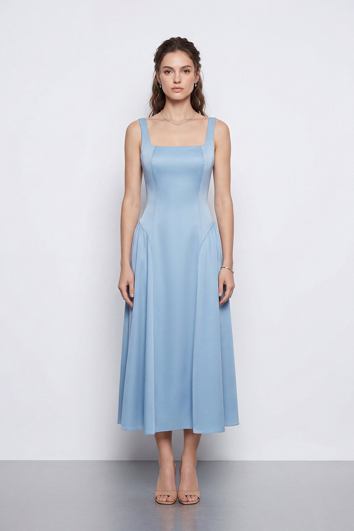 Kare Yaka A Kesim Midi Elbise - 2082