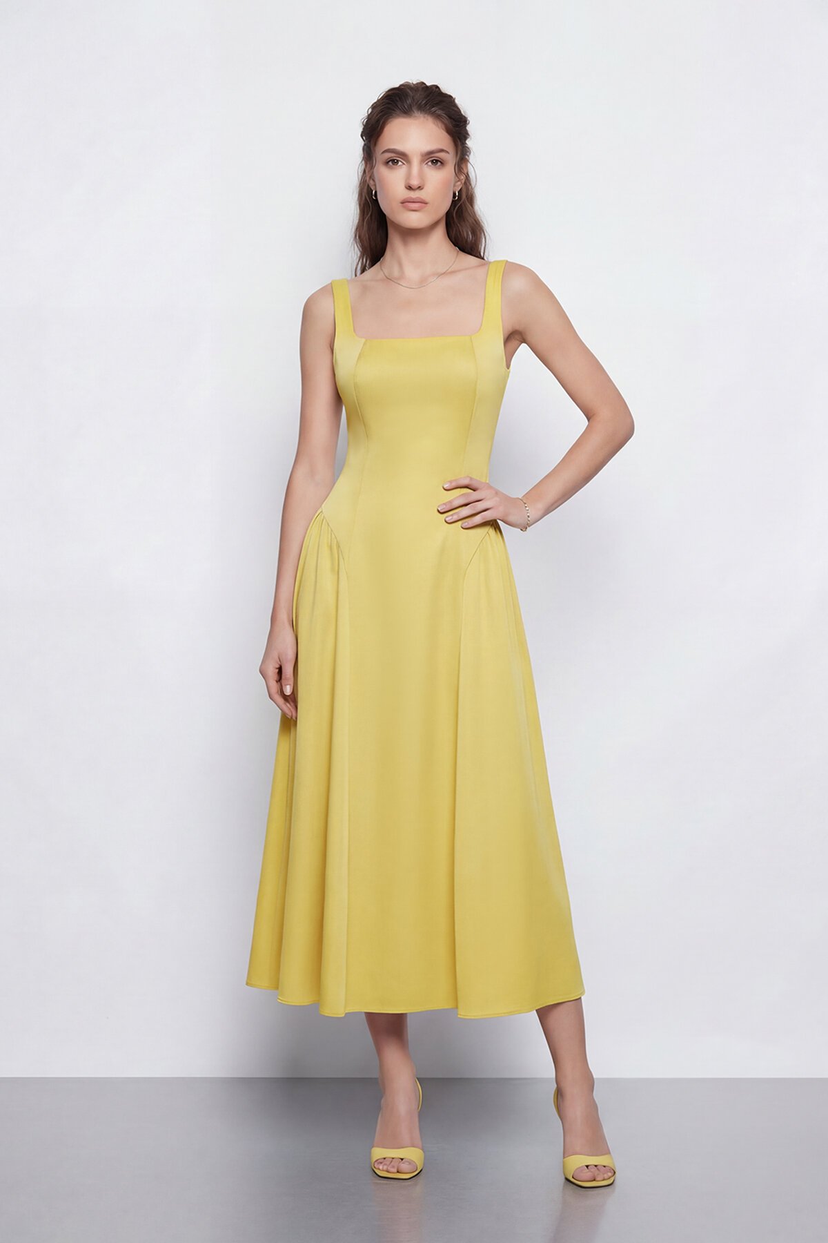 Kare Yaka A Kesim Midi Elbise - 2082