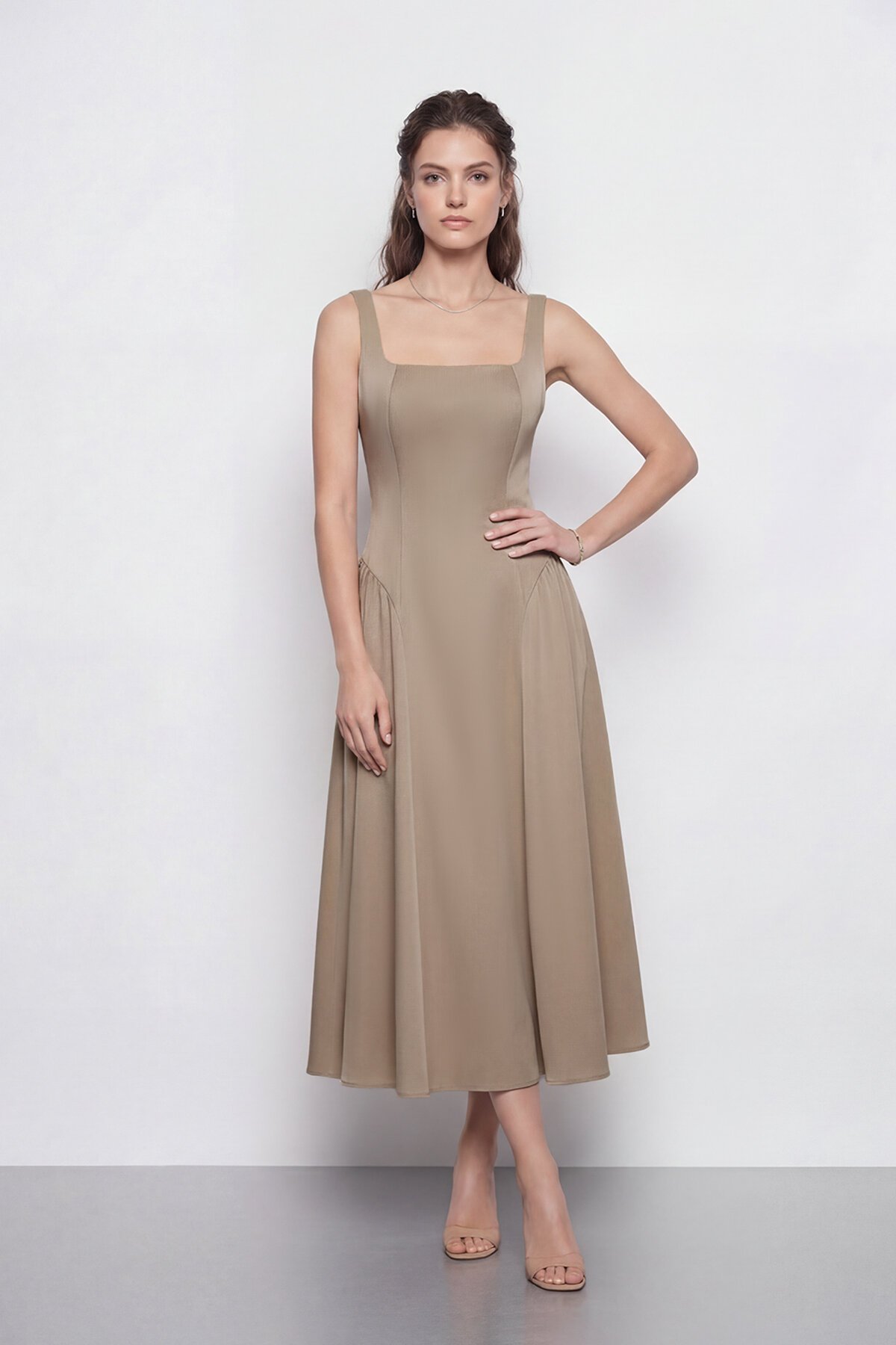 Kare Yaka A Kesim Midi Elbise - 2082