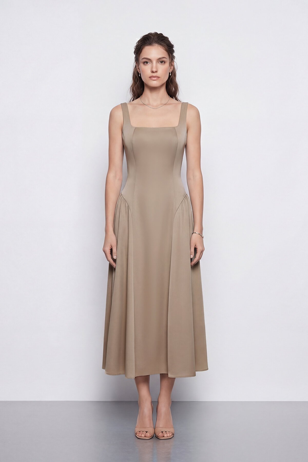 Kare Yaka A Kesim Midi Elbise - 2082