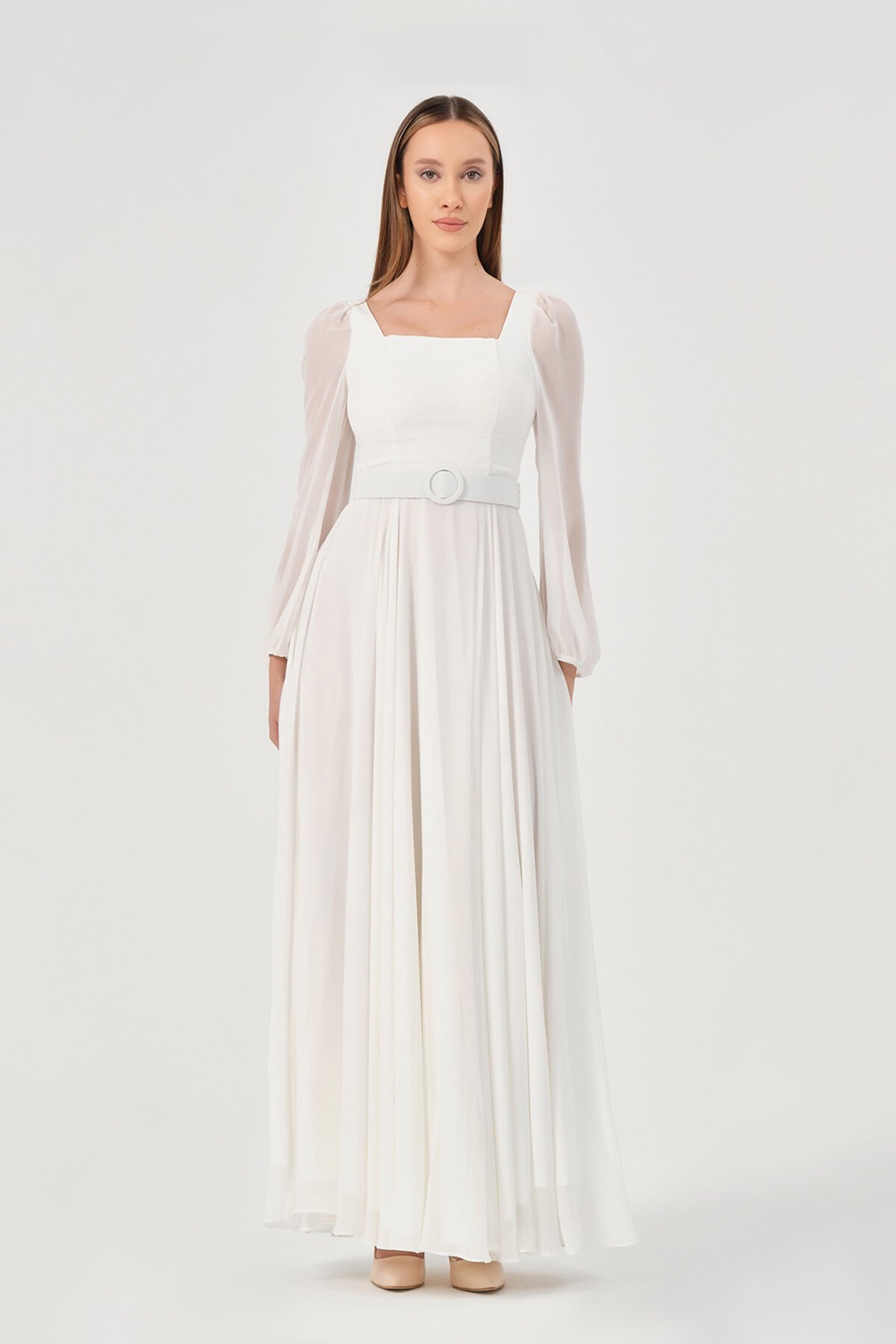 Kare Yaka Kemer Detaylı Elbise - 1555