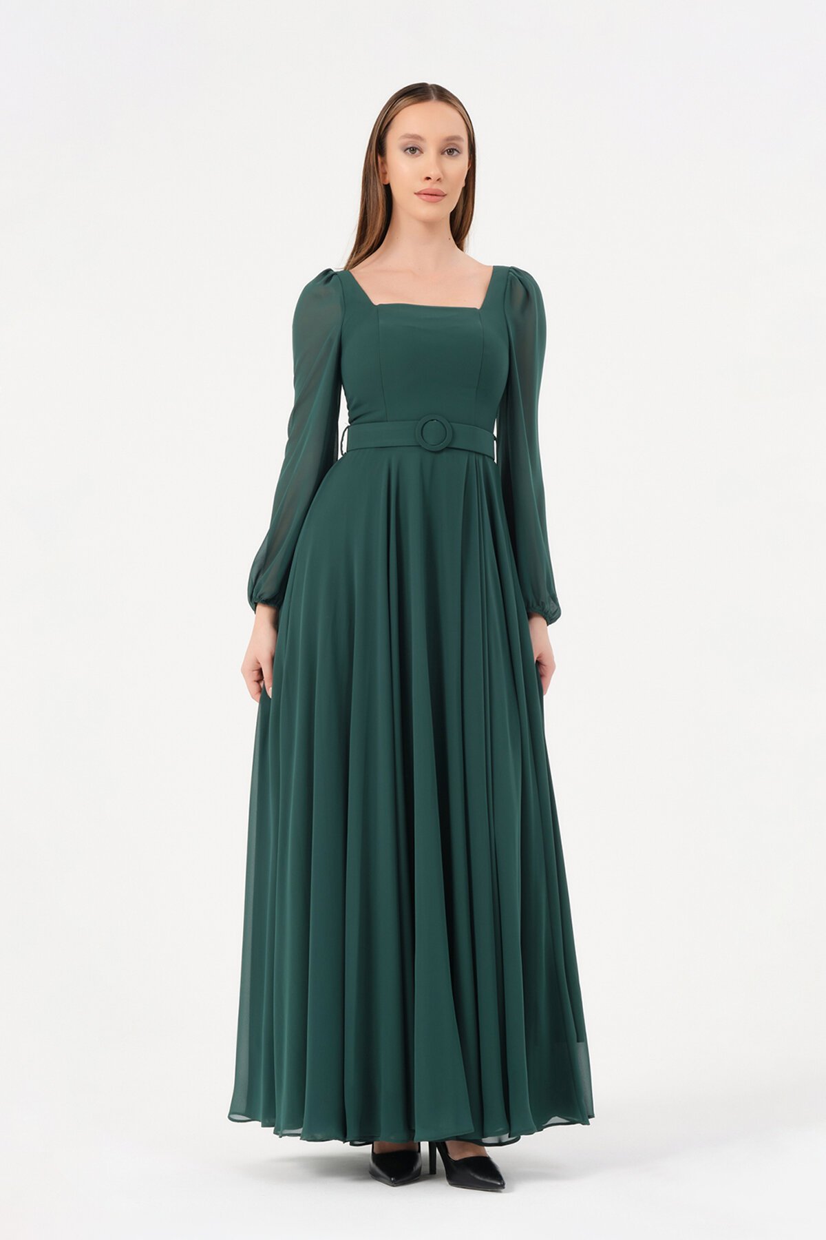 Kare Yaka Kemer Detaylı Elbise - 1555