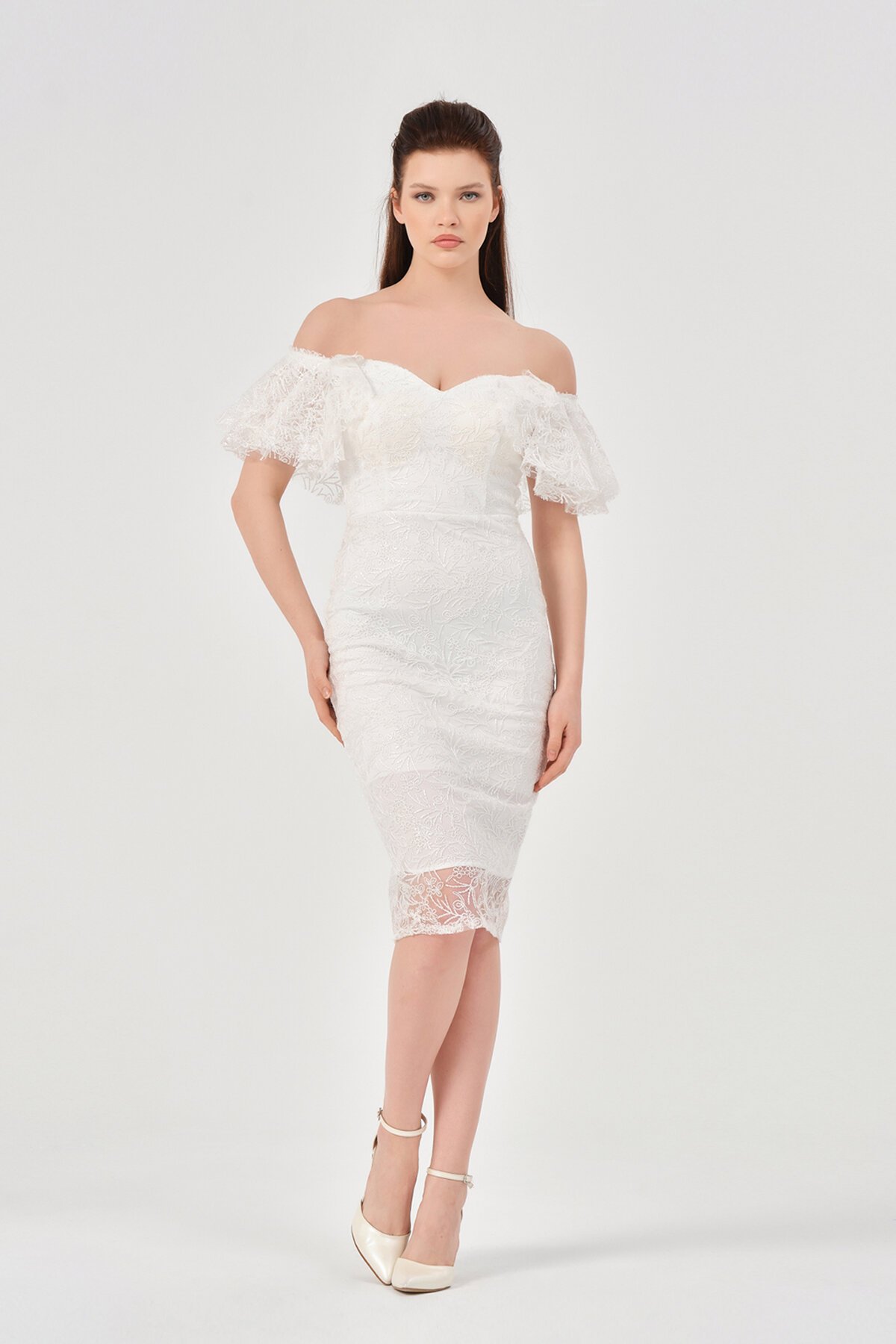 Kayık Yaka Dantelli Midi Elbise - 1586