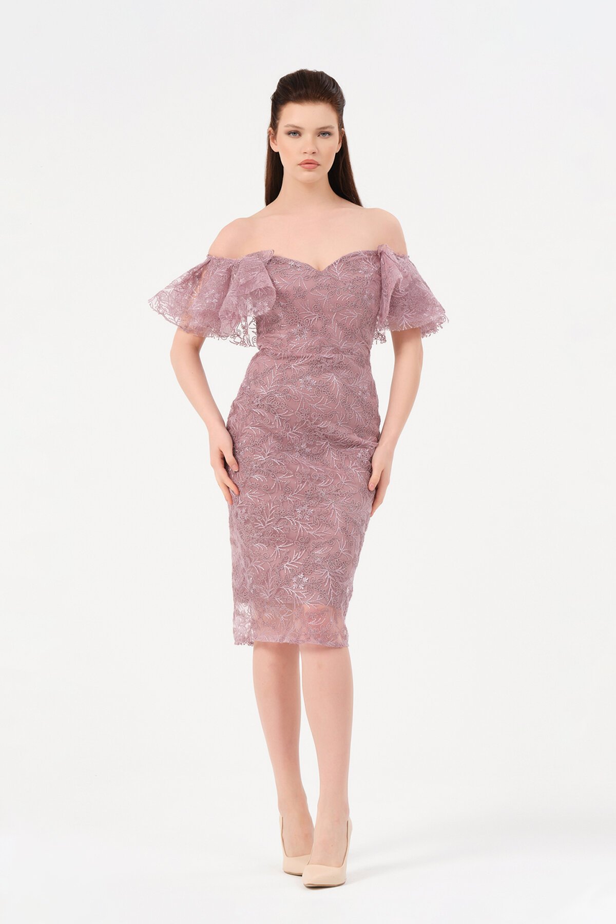 Kayık Yaka Dantelli Midi Elbise - 1586