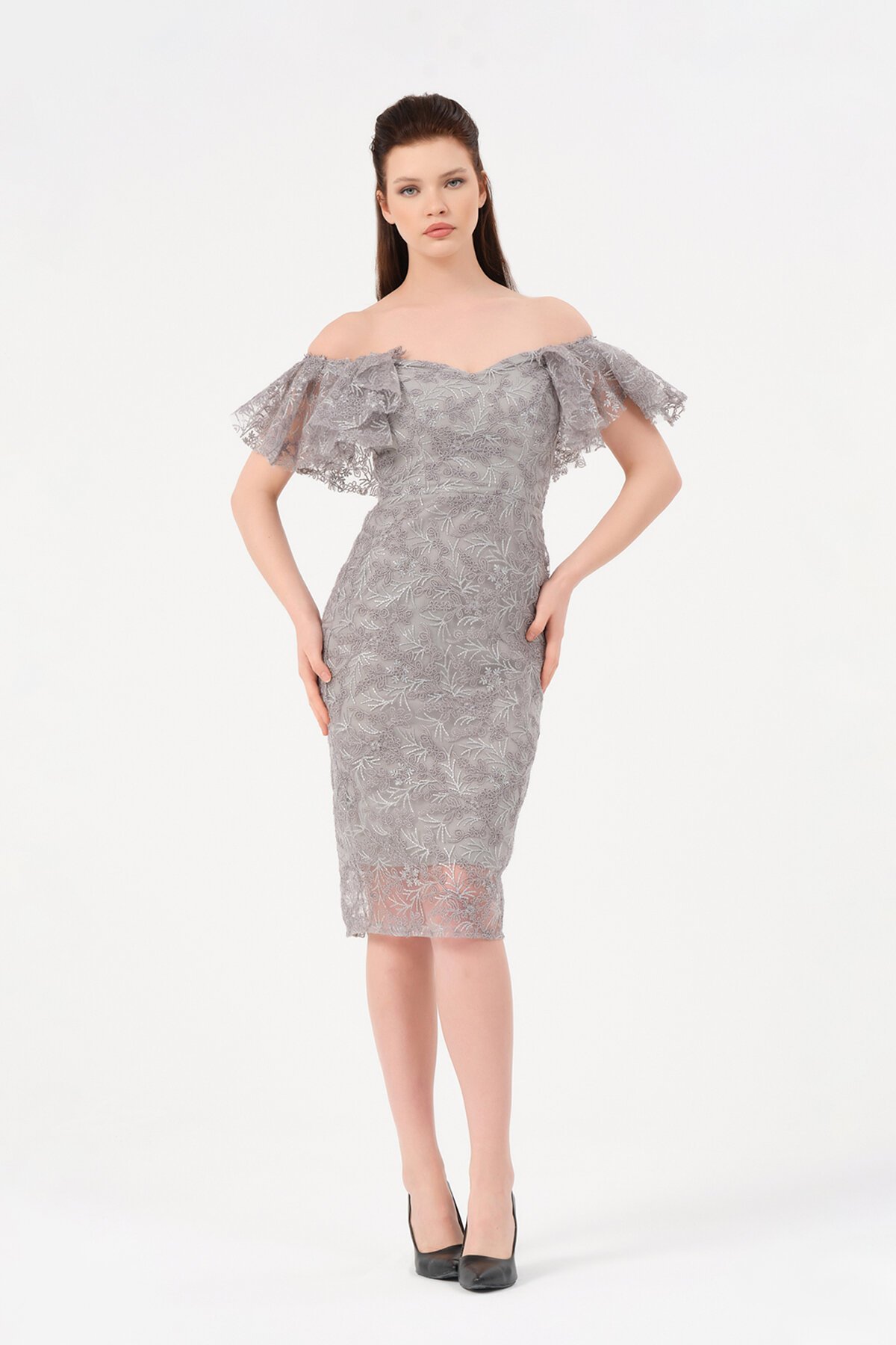 Kayık Yaka Dantelli Midi Elbise - 1586