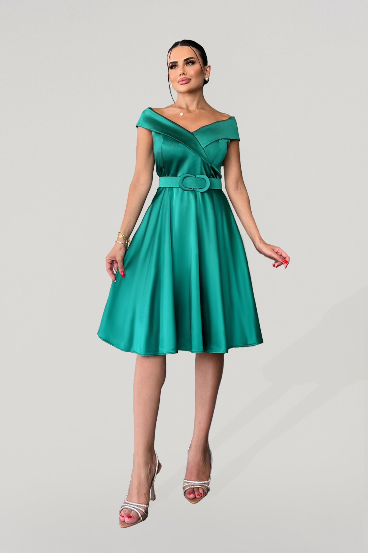 Kayık Yaka Kemerli Elbise - 1352