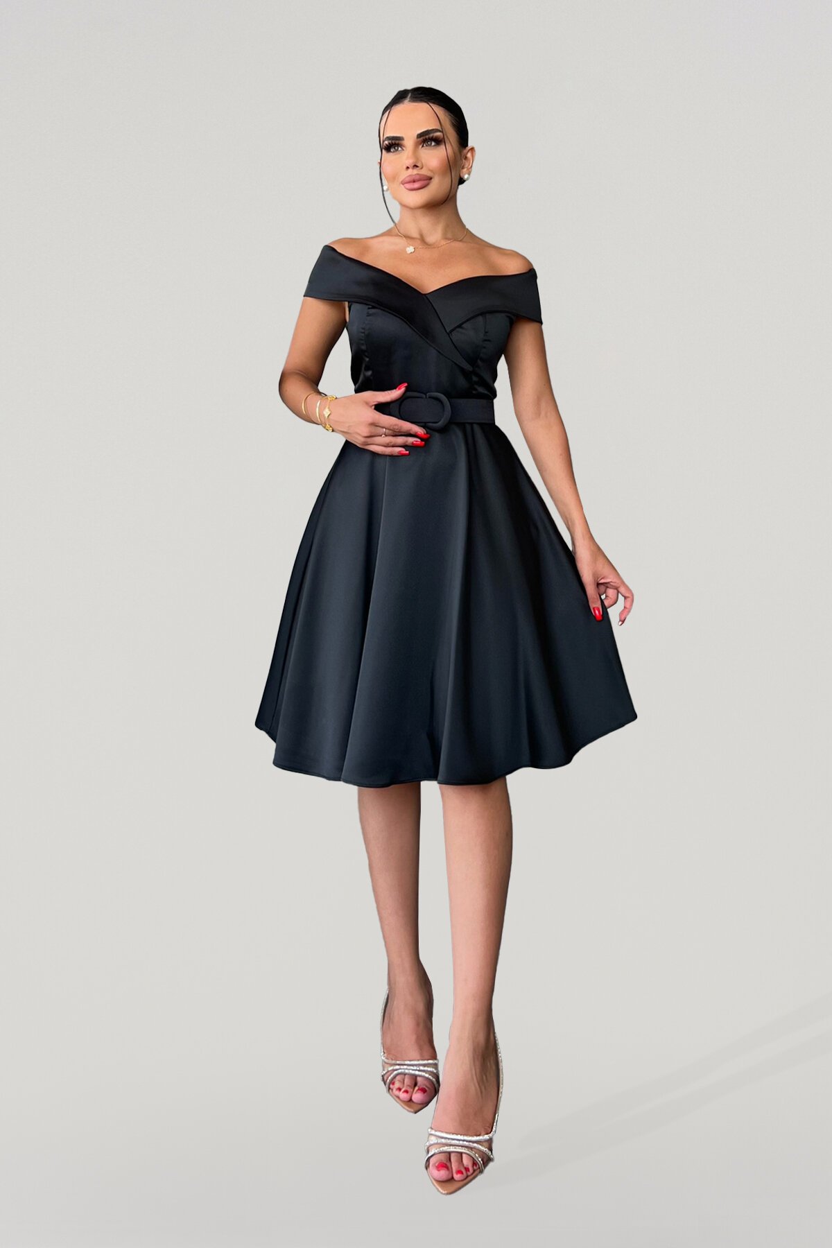 Kayık Yaka Kemerli Elbise - 1352