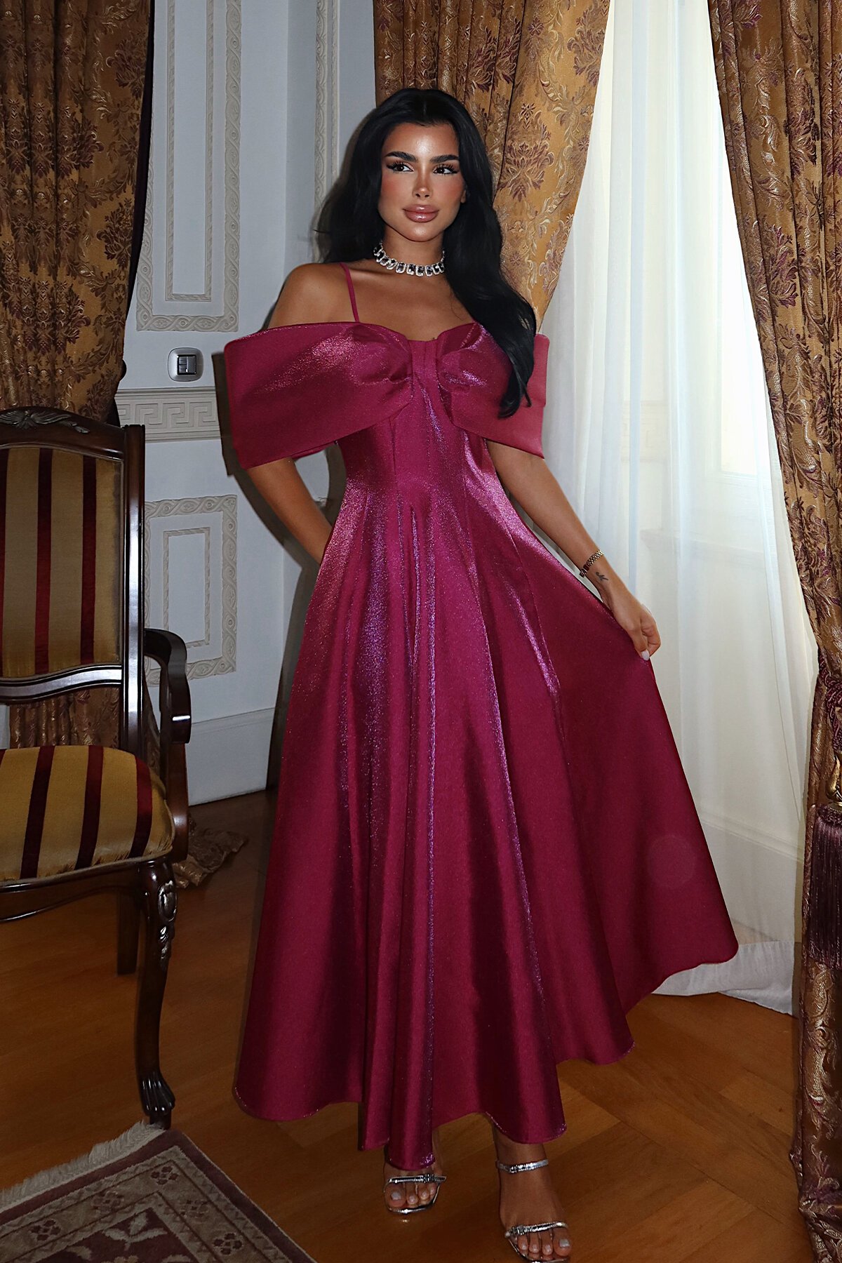 Kayık Yaka Midi Elbise - 1584