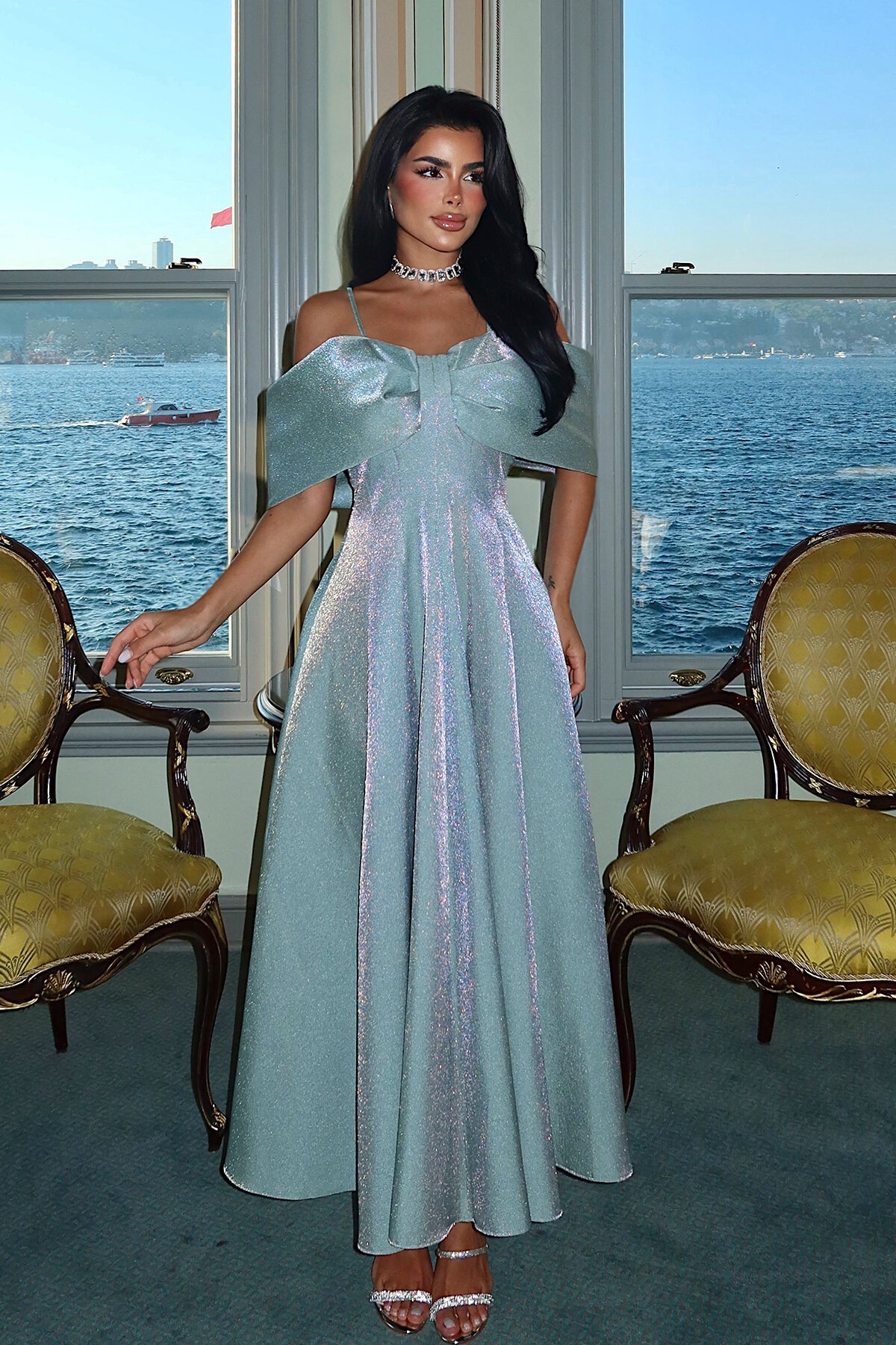 Kayık Yaka Midi Elbise - 1584