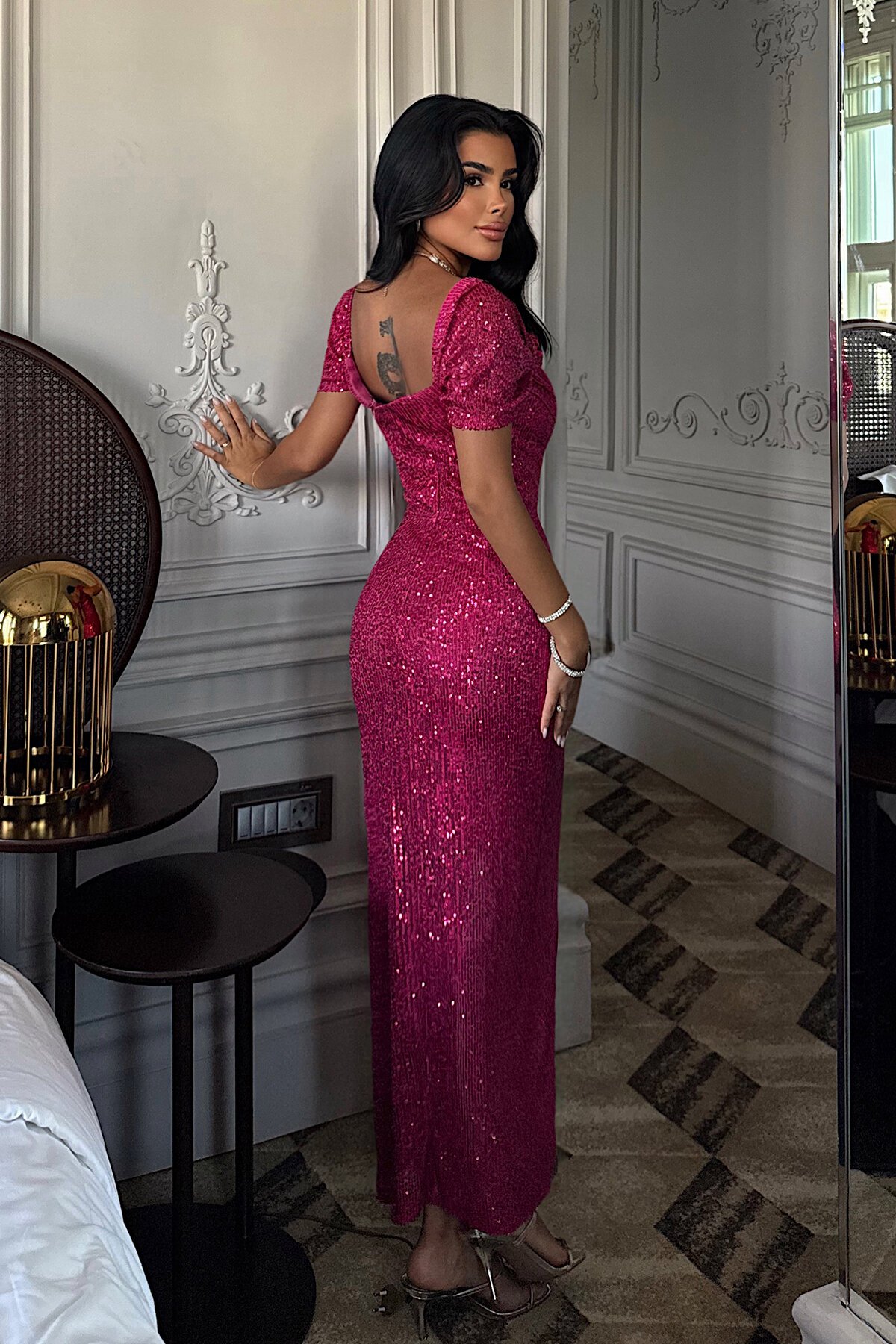 Kayık Yaka Payetli Yırtmaç Detaylı Elbise - 1708