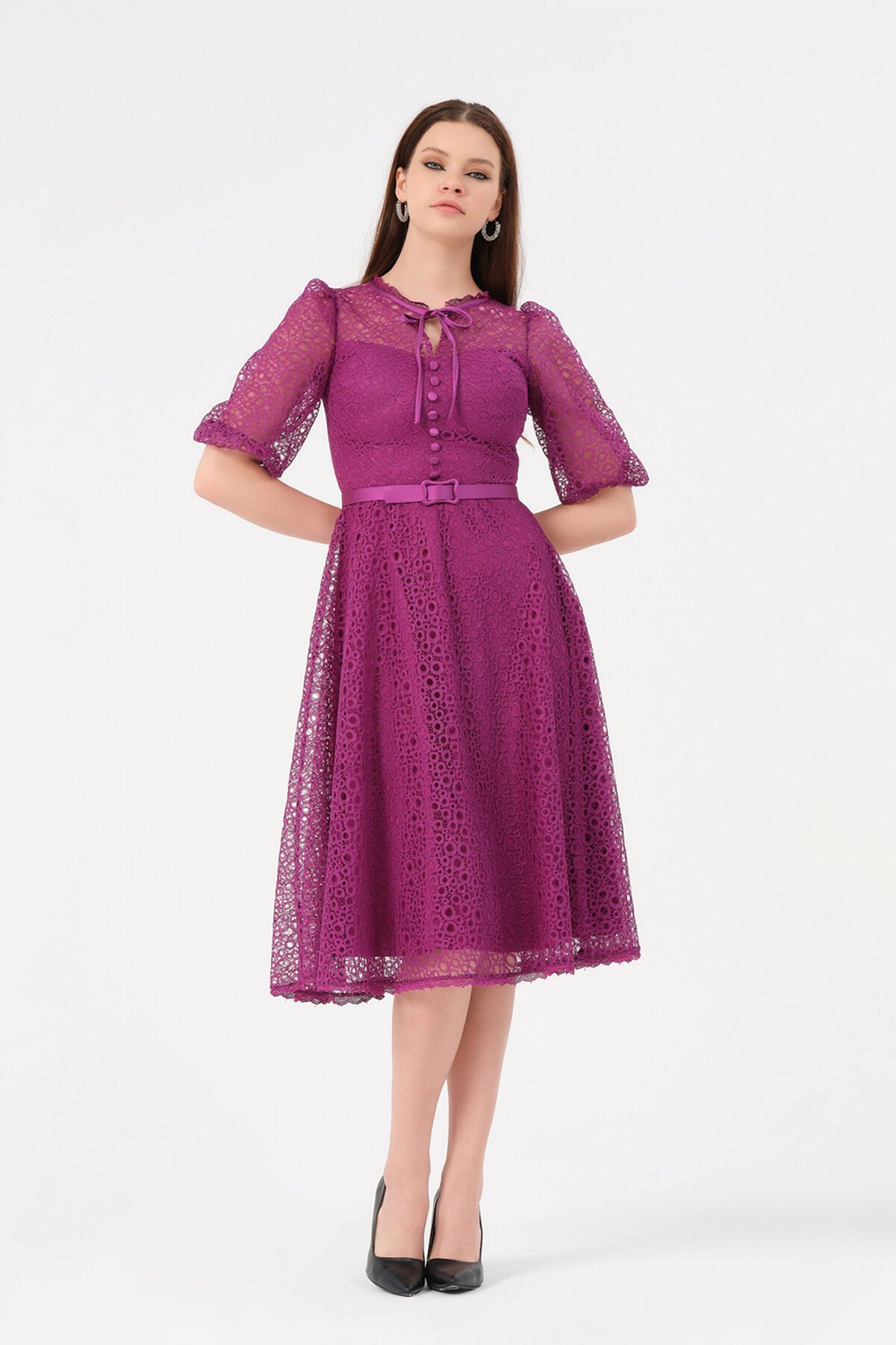 Kemer Detaylı Dantelli Midi Elbise - 1076