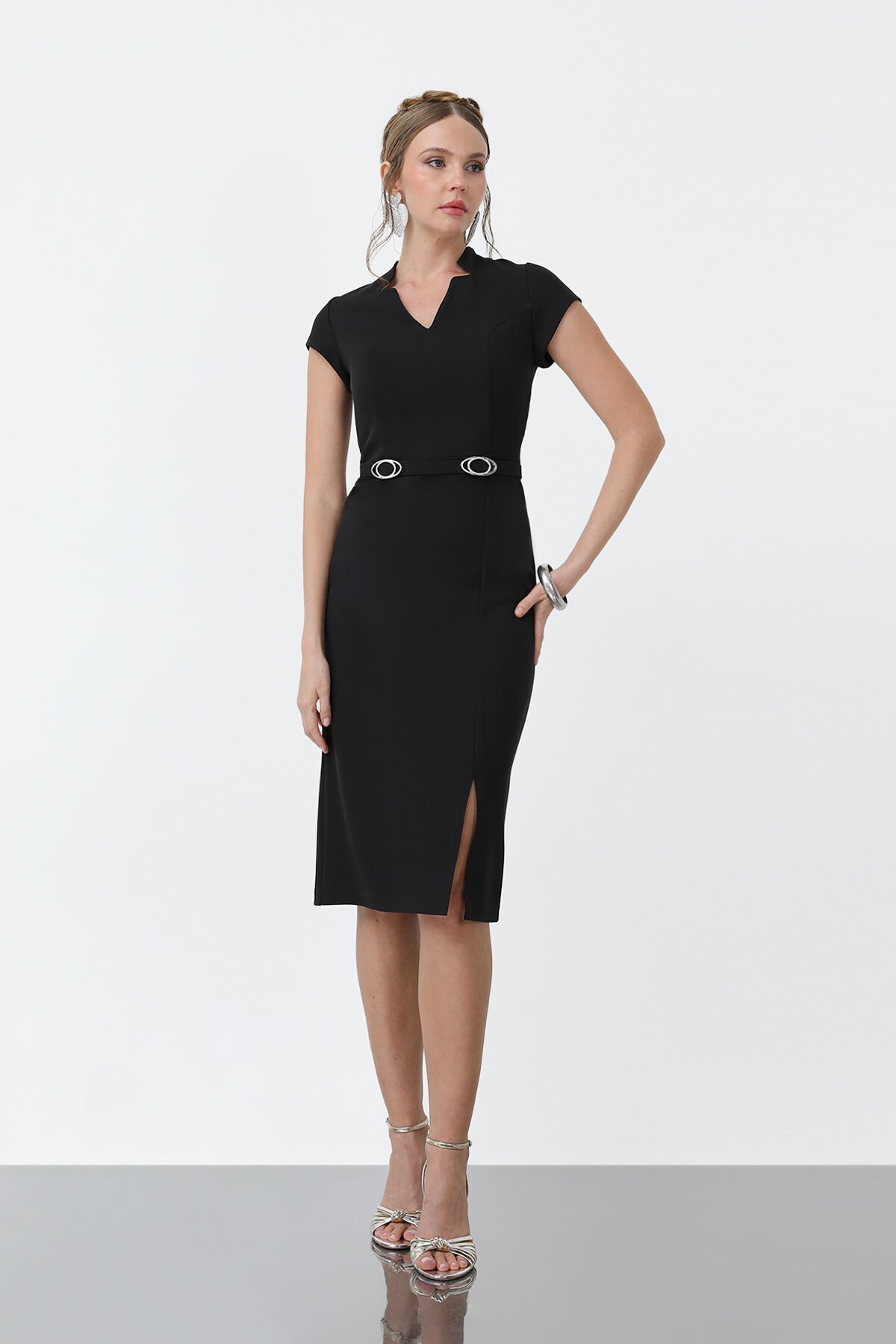 Kısa Kol Kemer Detaylı Elbise - 1913