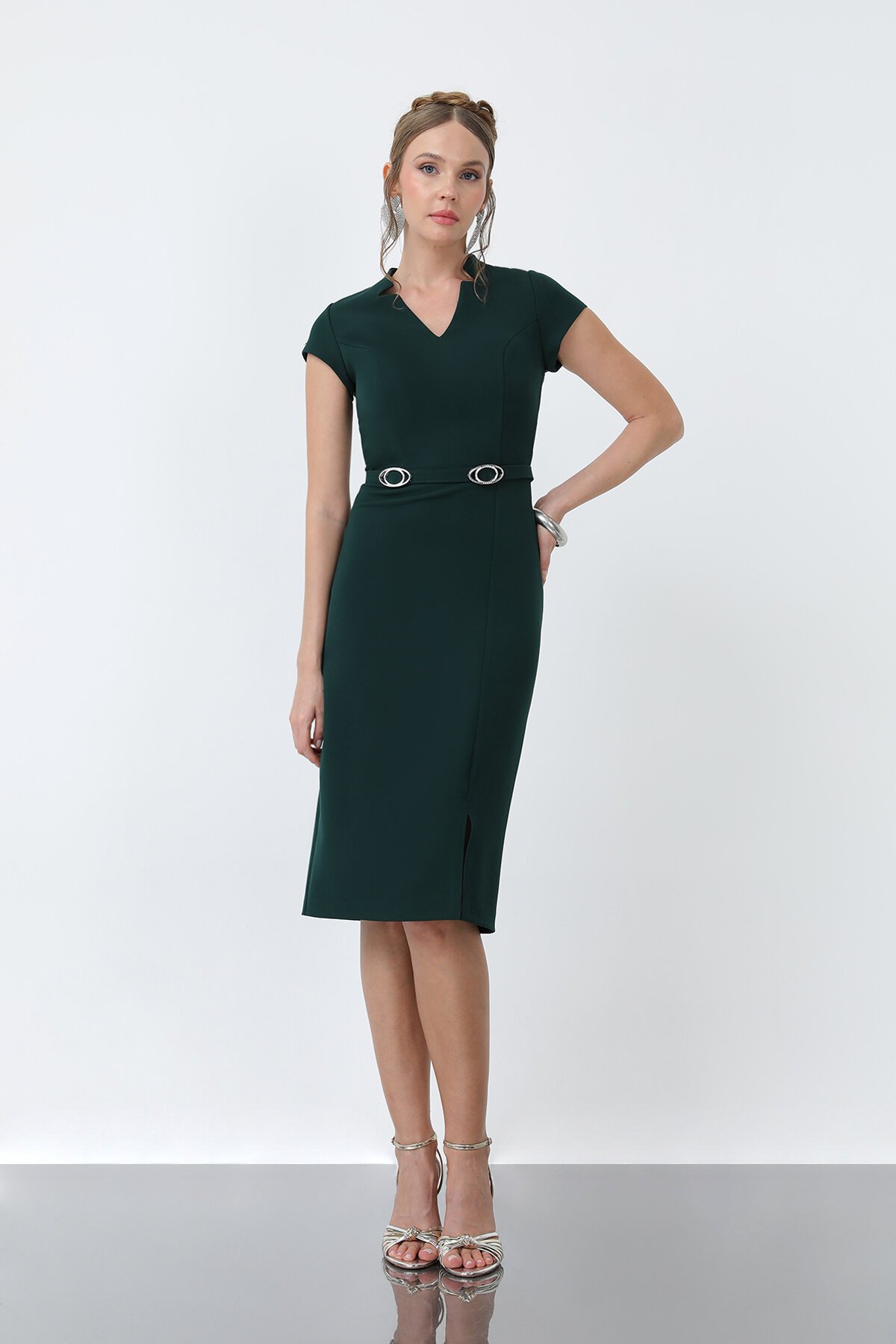 Kısa Kol Kemer Detaylı Elbise - 1913