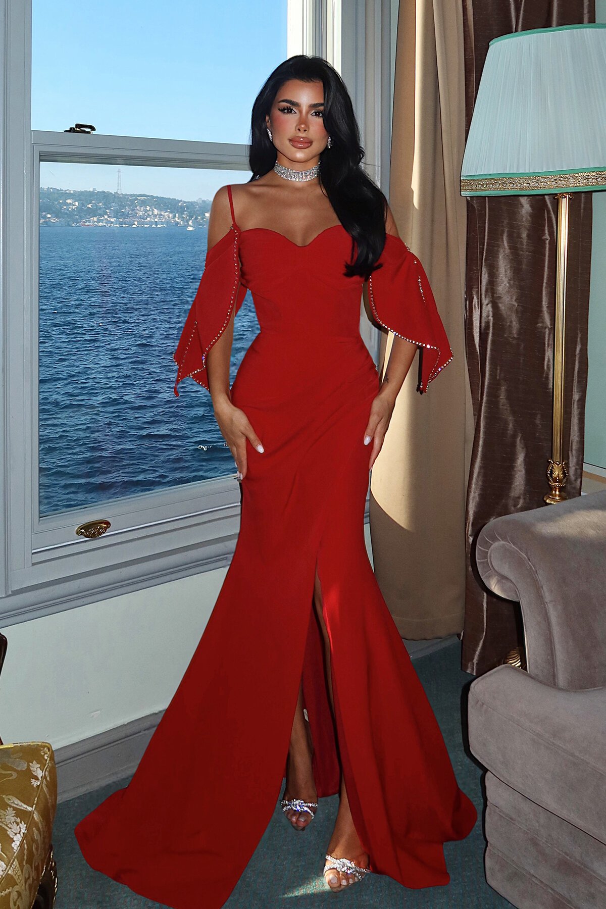 Kol Detaylı Askılı Yırtmaçlı Elbise - 1532