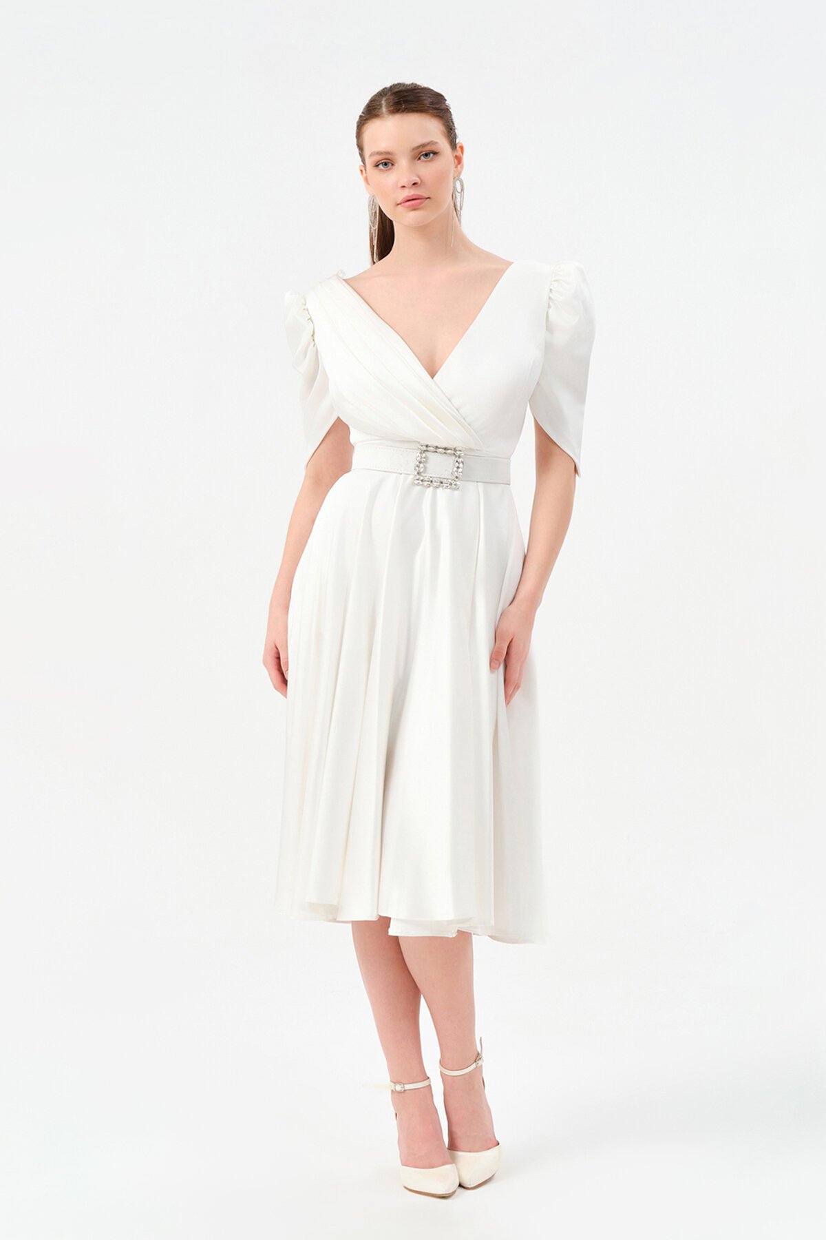 Kol Detaylı Kruvaze Yaka Midi Elbise - 1520