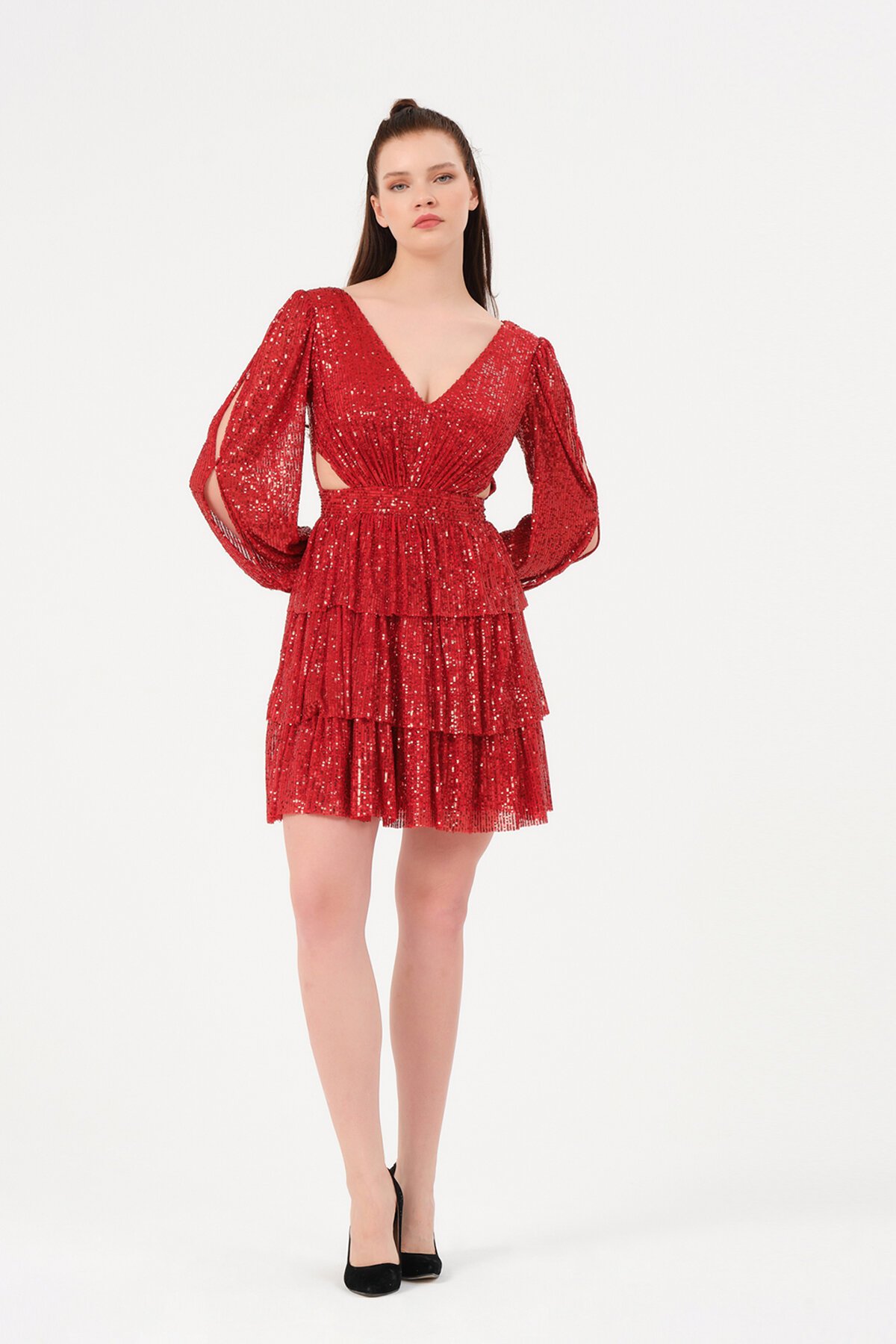 Kol Detaylı Payetli Mini Elbise - 1478