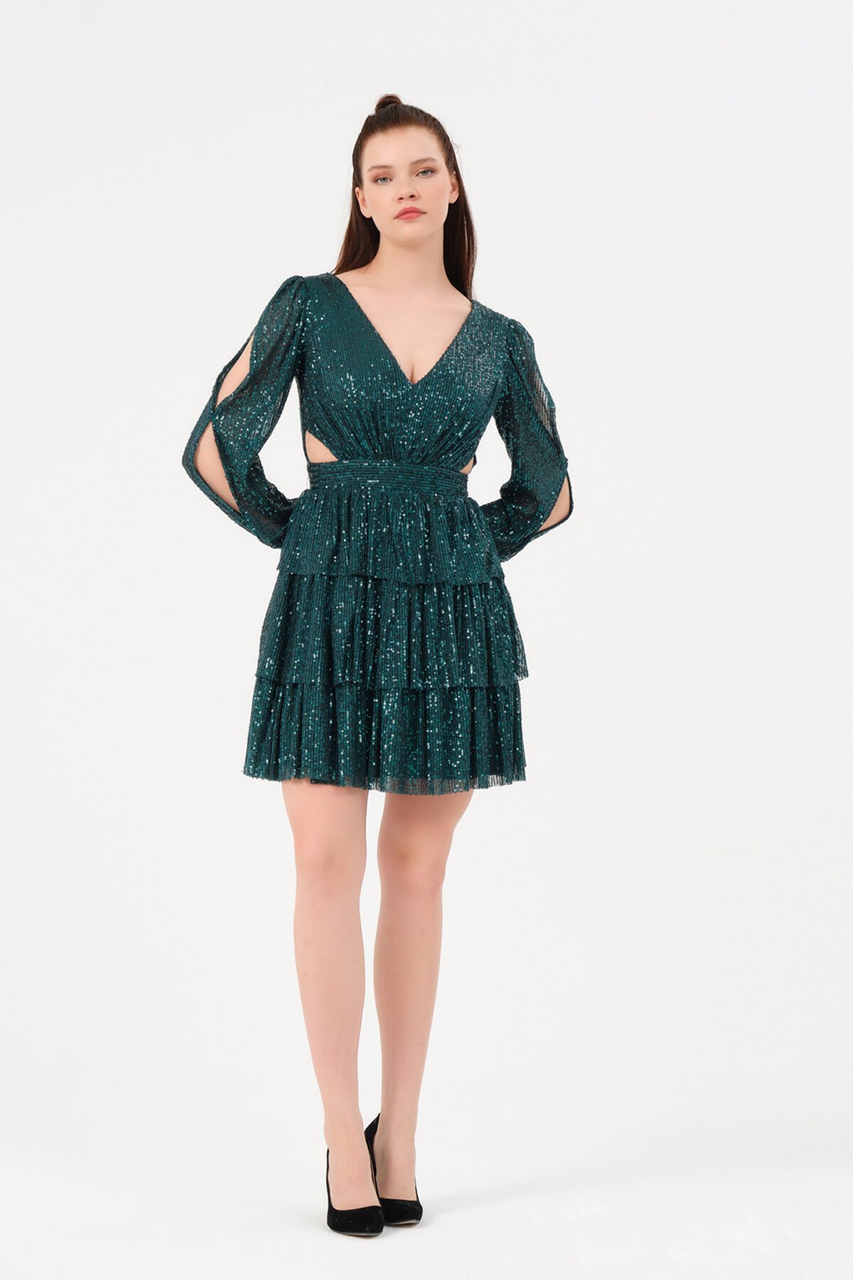 Kol Detaylı Payetli Mini Elbise - 1478