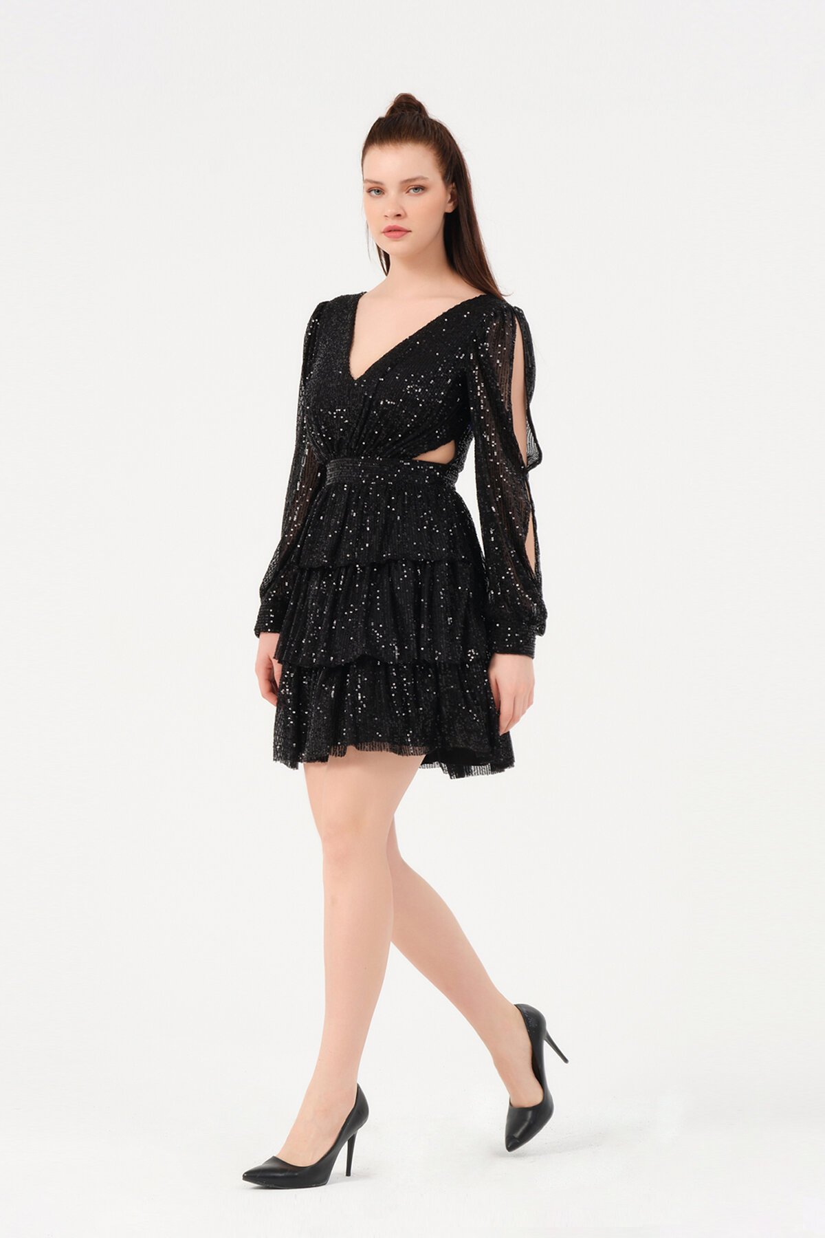 Kol Detaylı Payetli Mini Elbise - 1478