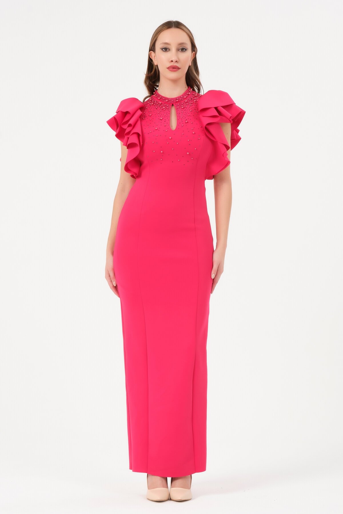 Kolu Fırfırlı Taş İşlemeli Elbise - 1433