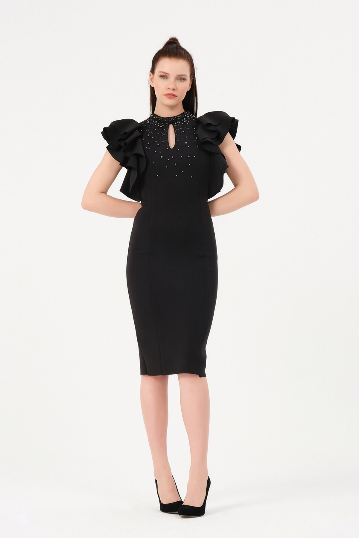 Kolu Fırfırlı Taş İşlemeli Midi Elbise - 1426