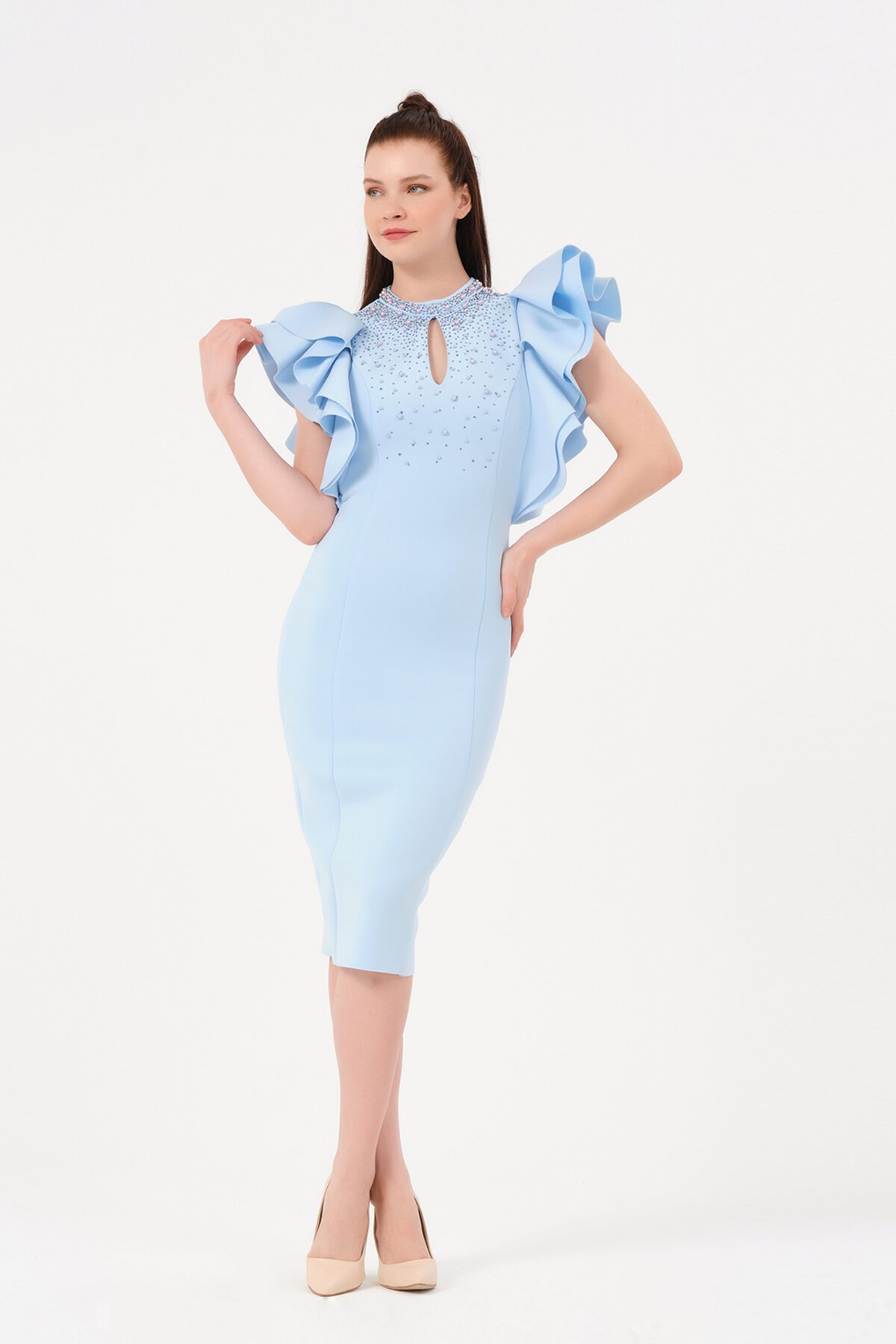 Kolu Fırfırlı Taş İşlemeli Midi Elbise - 1426