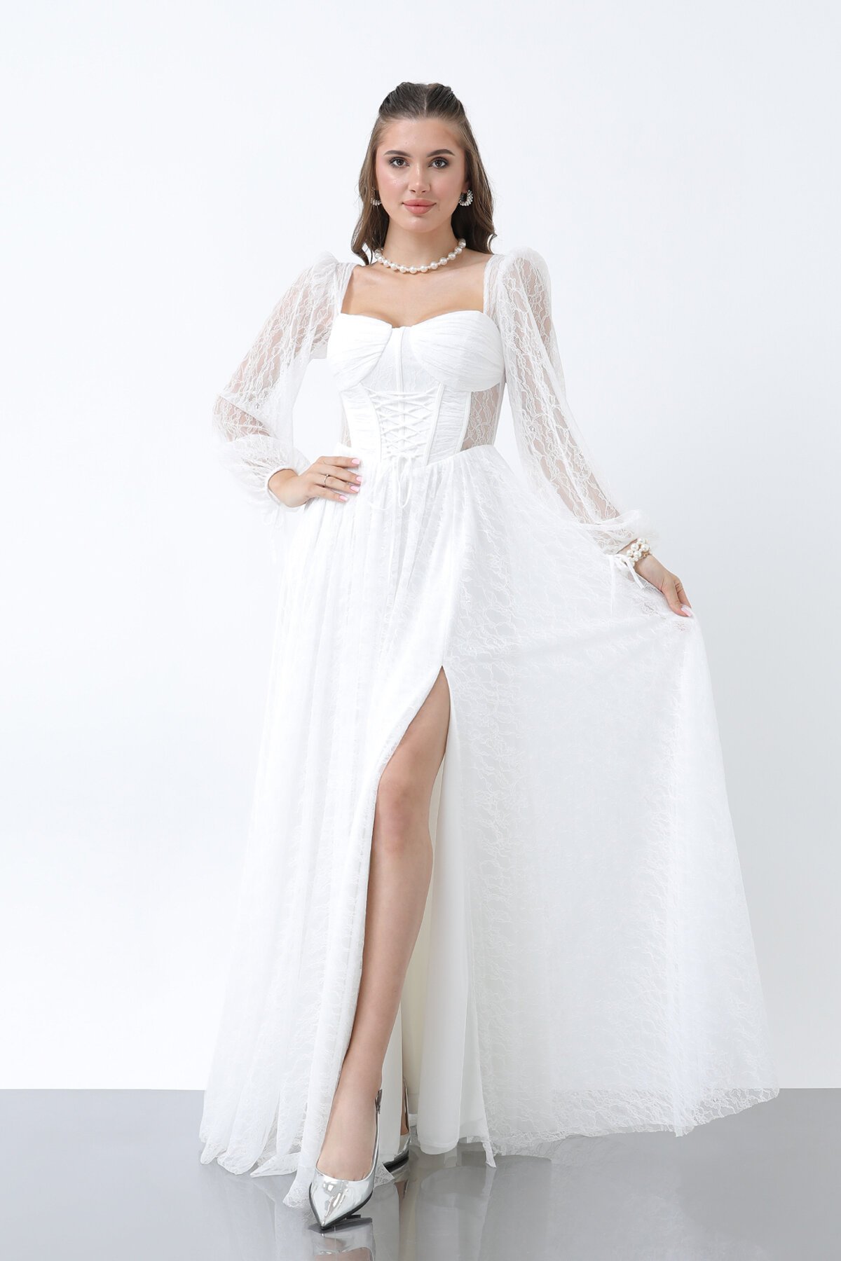 Korse Detaylı Dantelli Yırtmaçlı Elbise - 1946