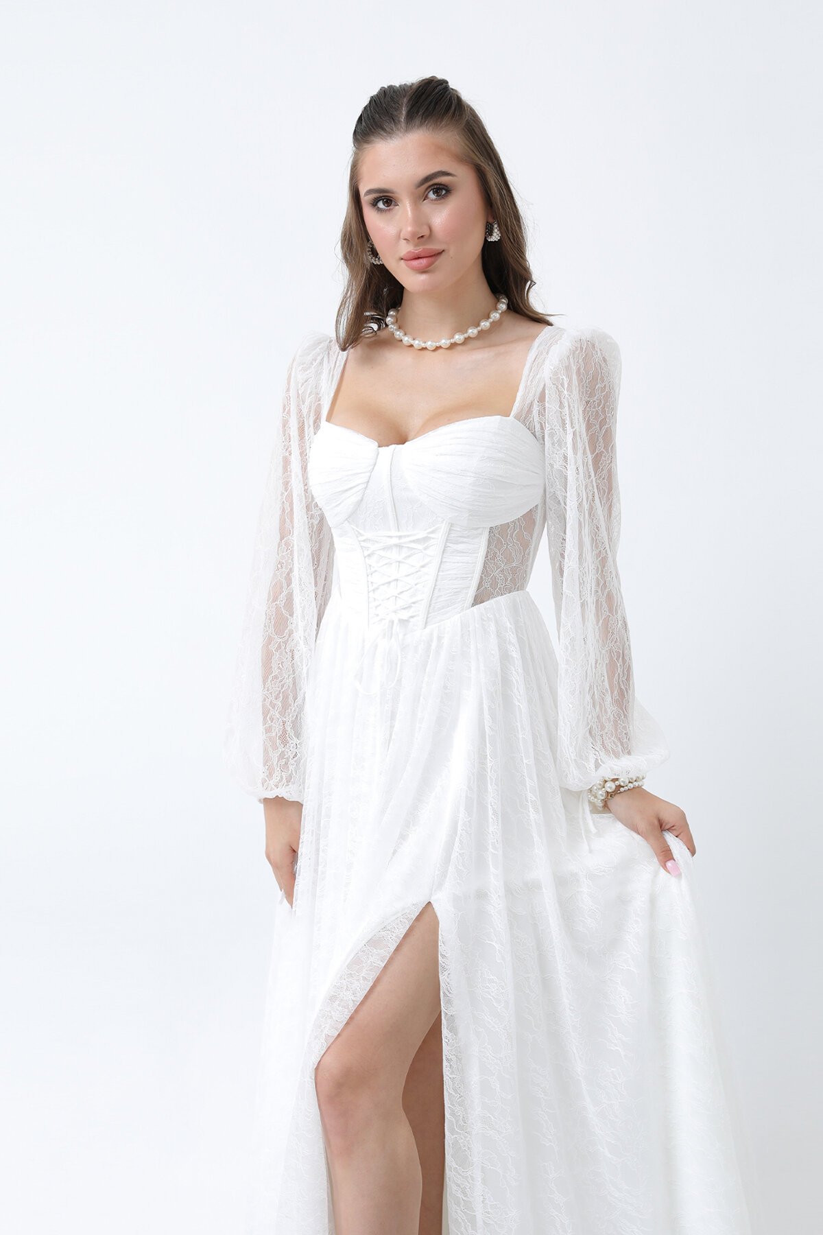 Korse Detaylı Dantelli Yırtmaçlı Elbise - 1946