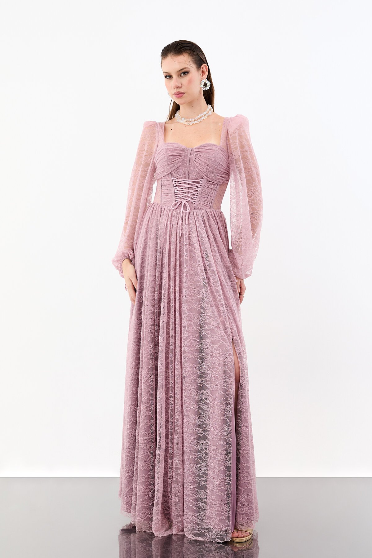 Korse Detaylı Dantelli Yırtmaçlı Elbise - 1946