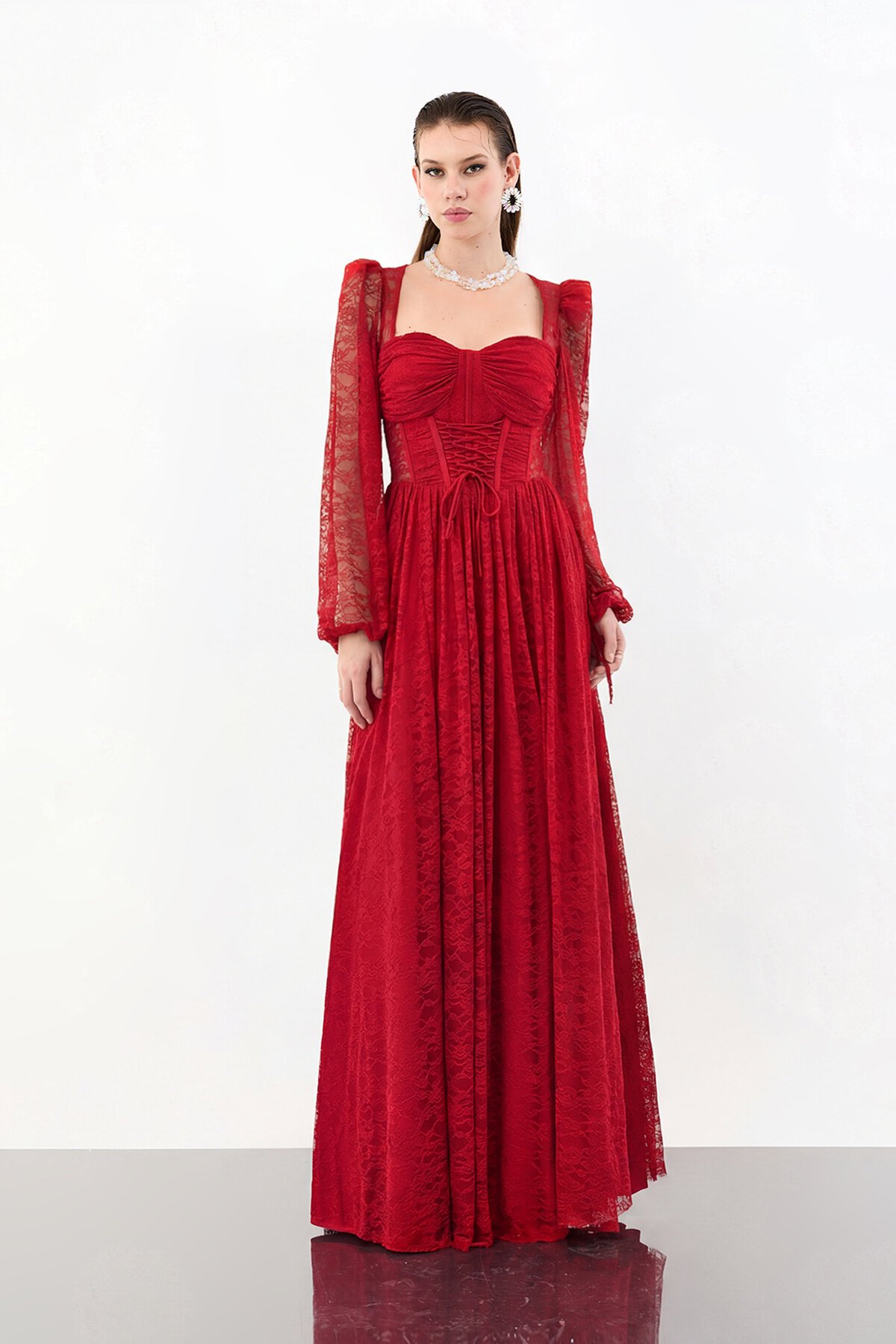 Korse Detaylı Dantelli Yırtmaçlı Elbise - 1946