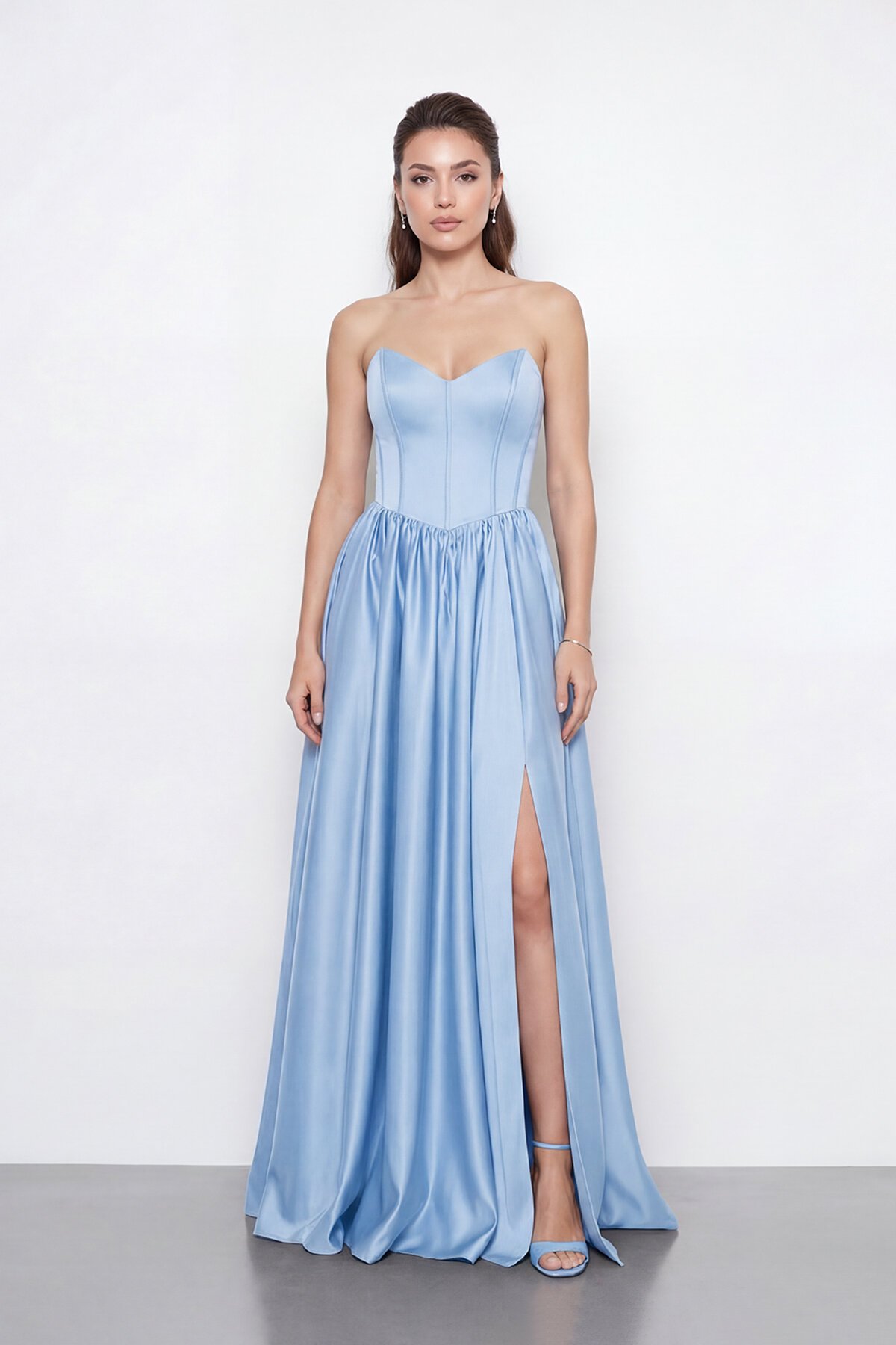 Korse Detaylı Yırtmaçlı Straplez Abiye - 2085