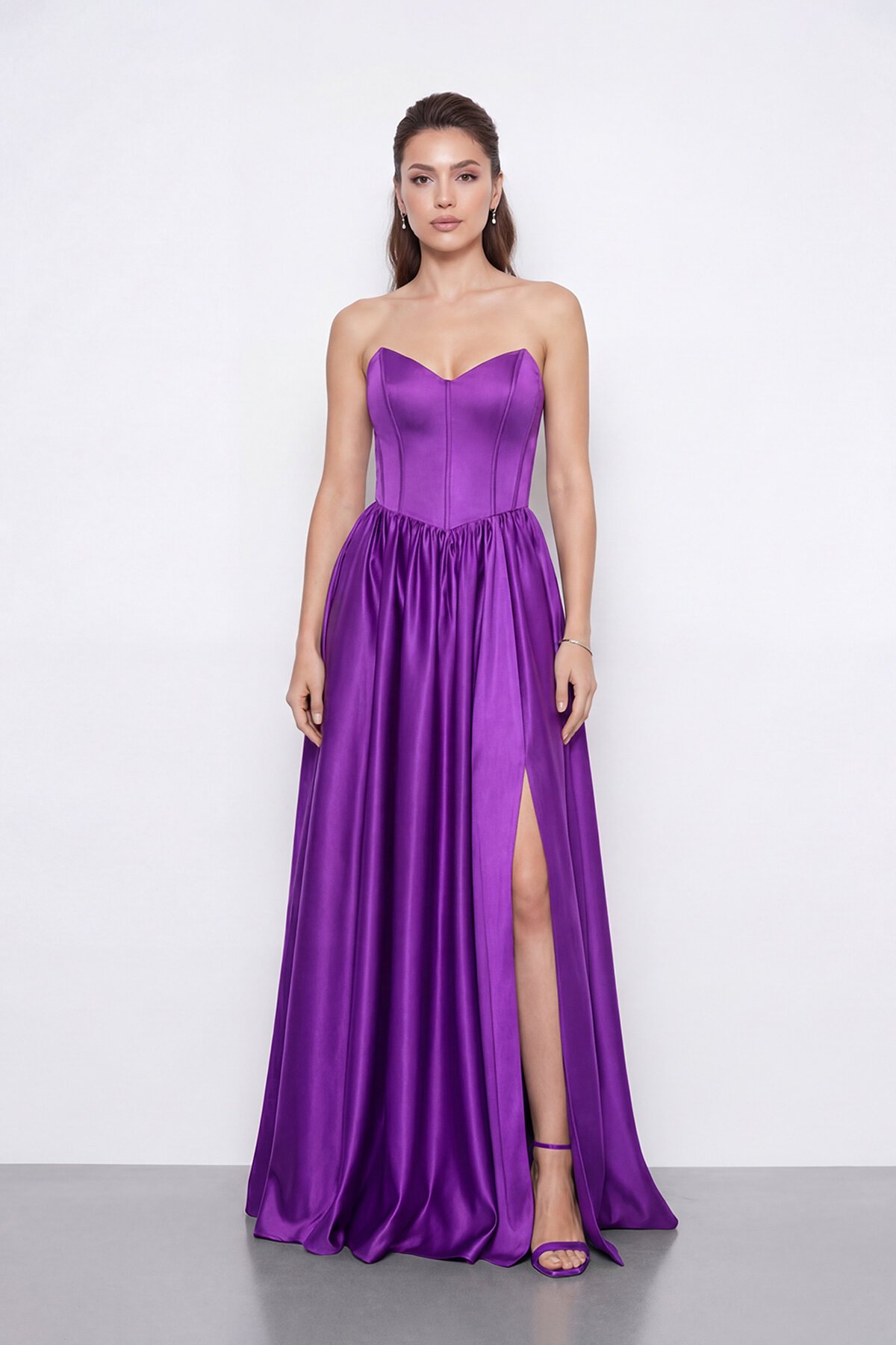 Korse Detaylı Yırtmaçlı Straplez Abiye - 2085