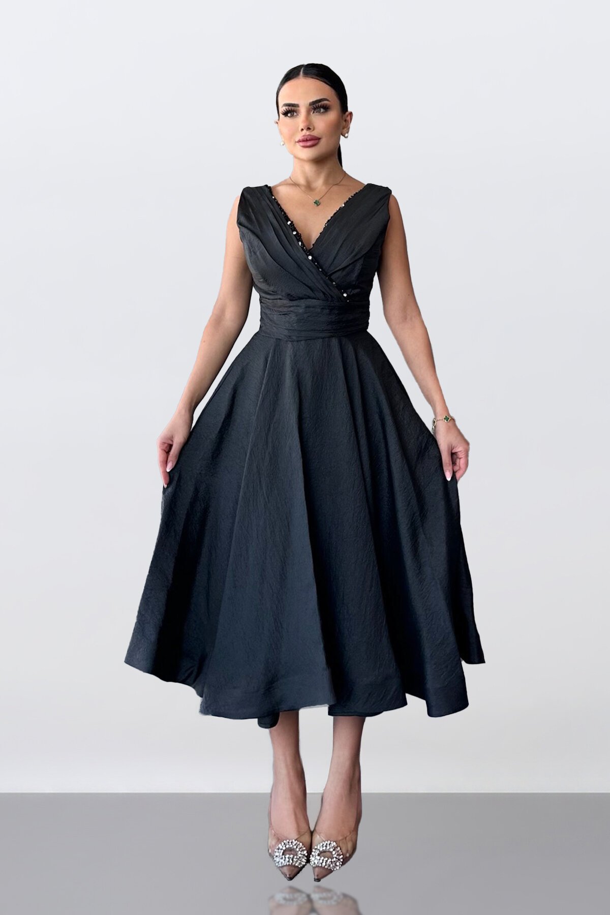 Kruvaze Yaka Taş Detaylı Elbise - 1663